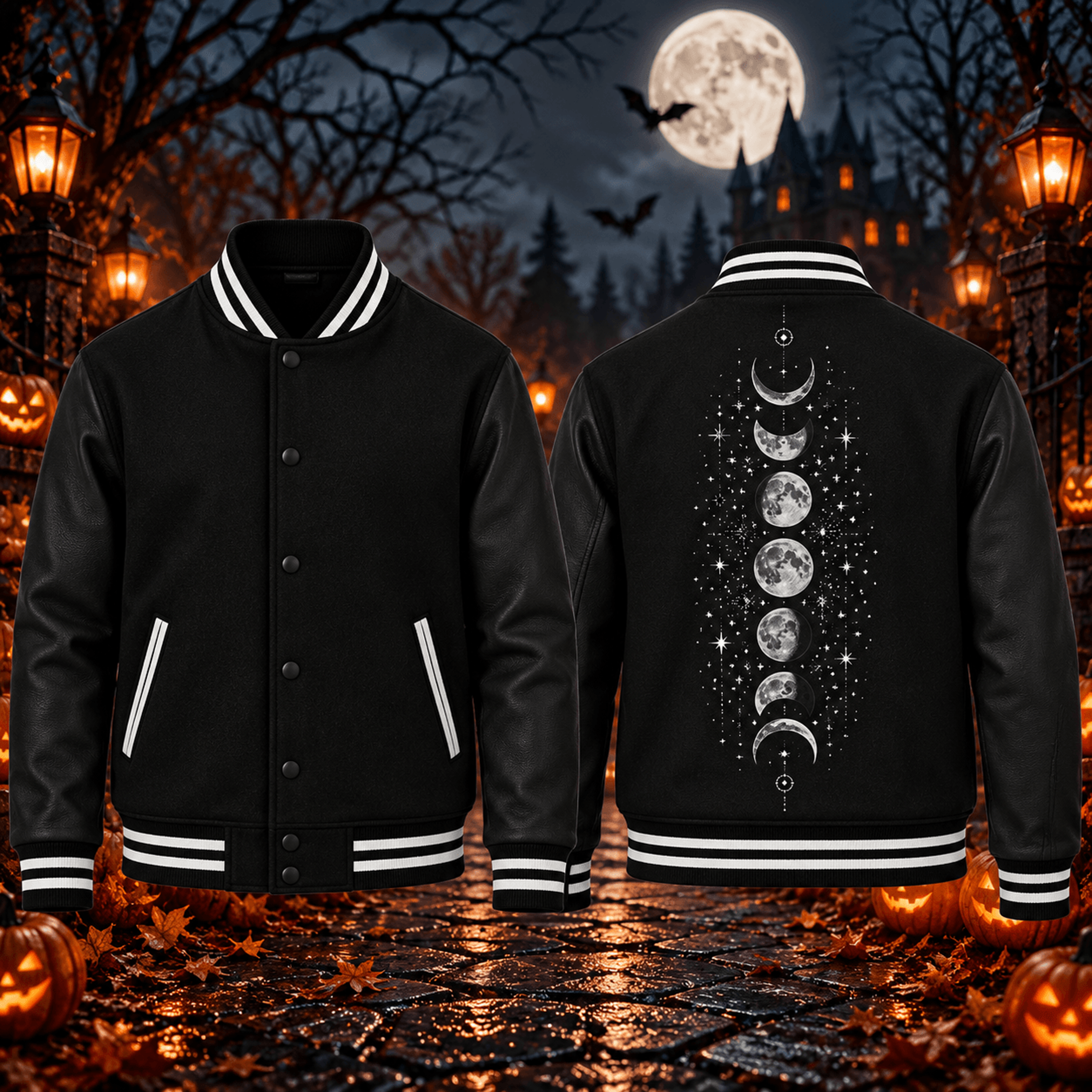 halloween moon phase unisex varsity jacket, celestial lunar cycle printed black jacket, gothic spooky fall outfit