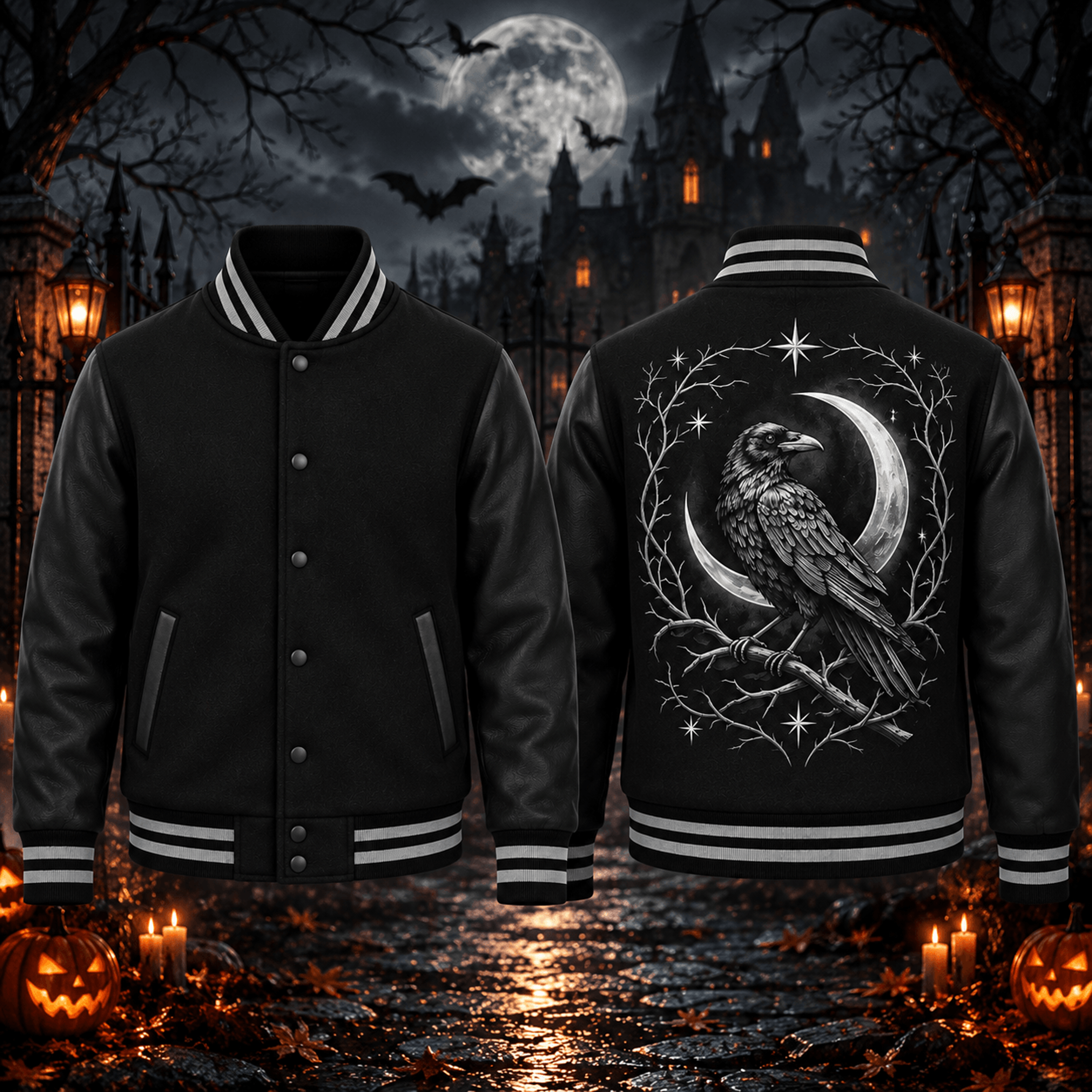 halloween raven moon unisex varsity jacket, gothic crow crescent moon printed black jacket, spooky celestial outfit