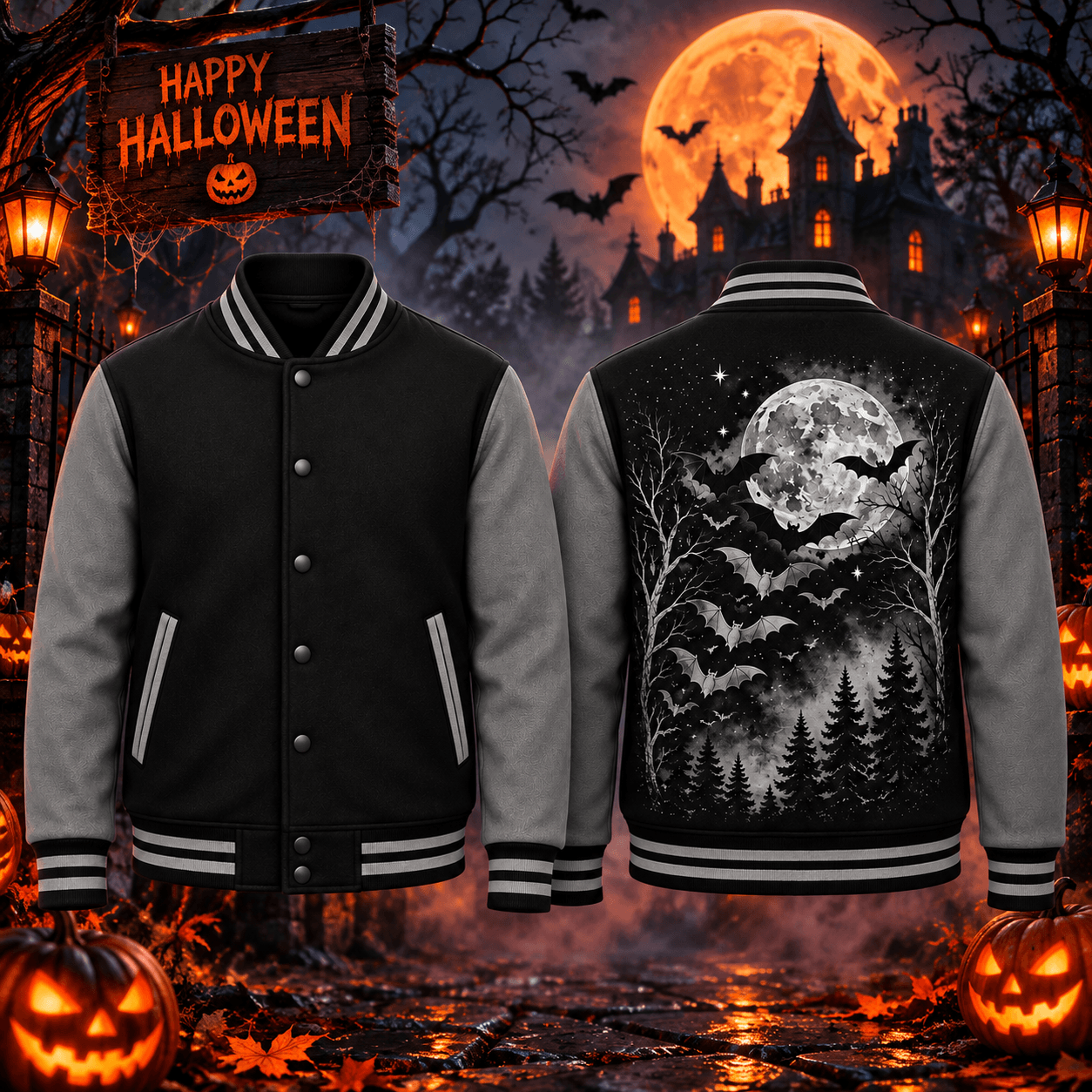 halloween bat moon unisex varsity jacket, full moon flying bats printed black jacket, gothic spooky night outfit