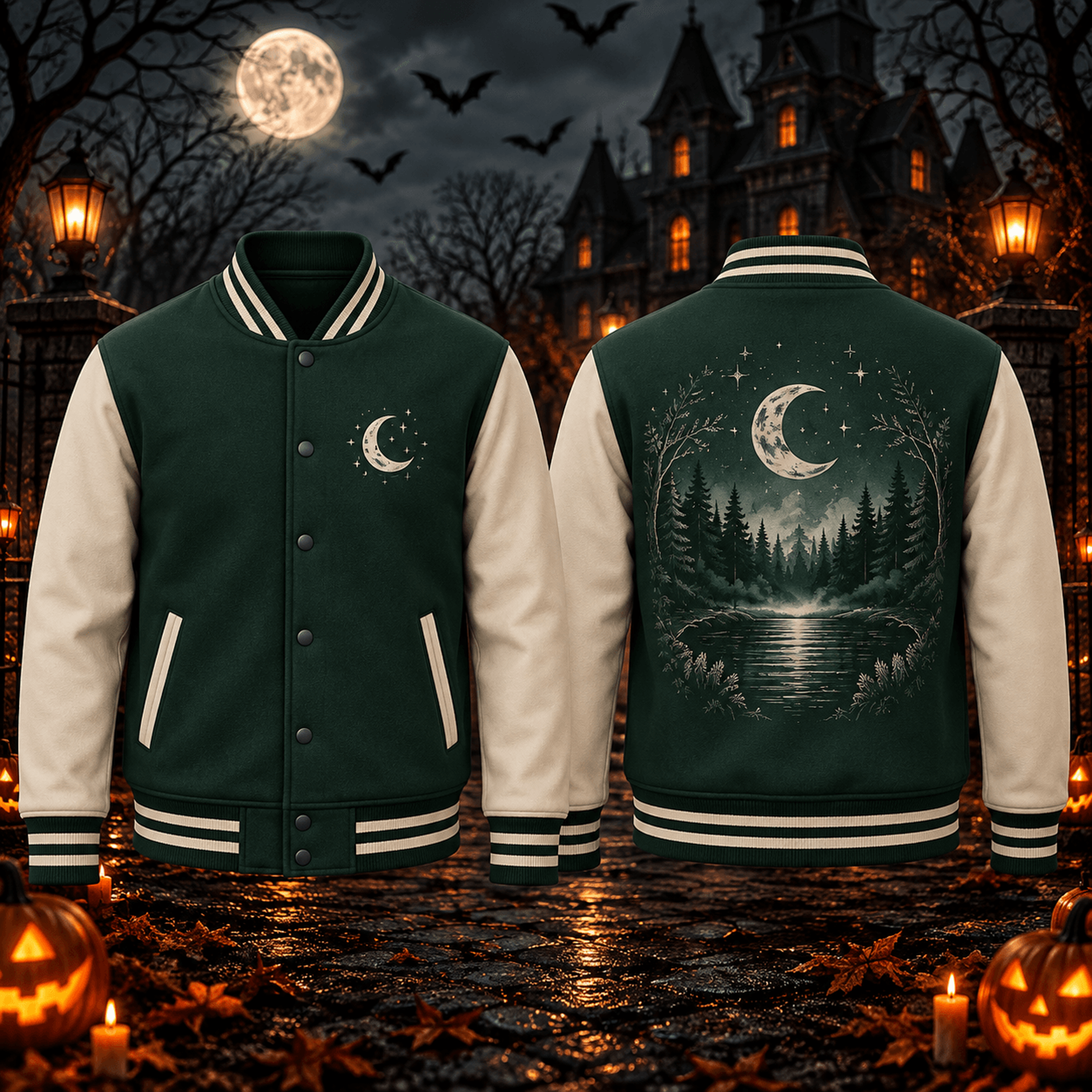 crescent moon forest unisex varsity jacket, dark green woodland lake printed jacket, celestial nature night outfit