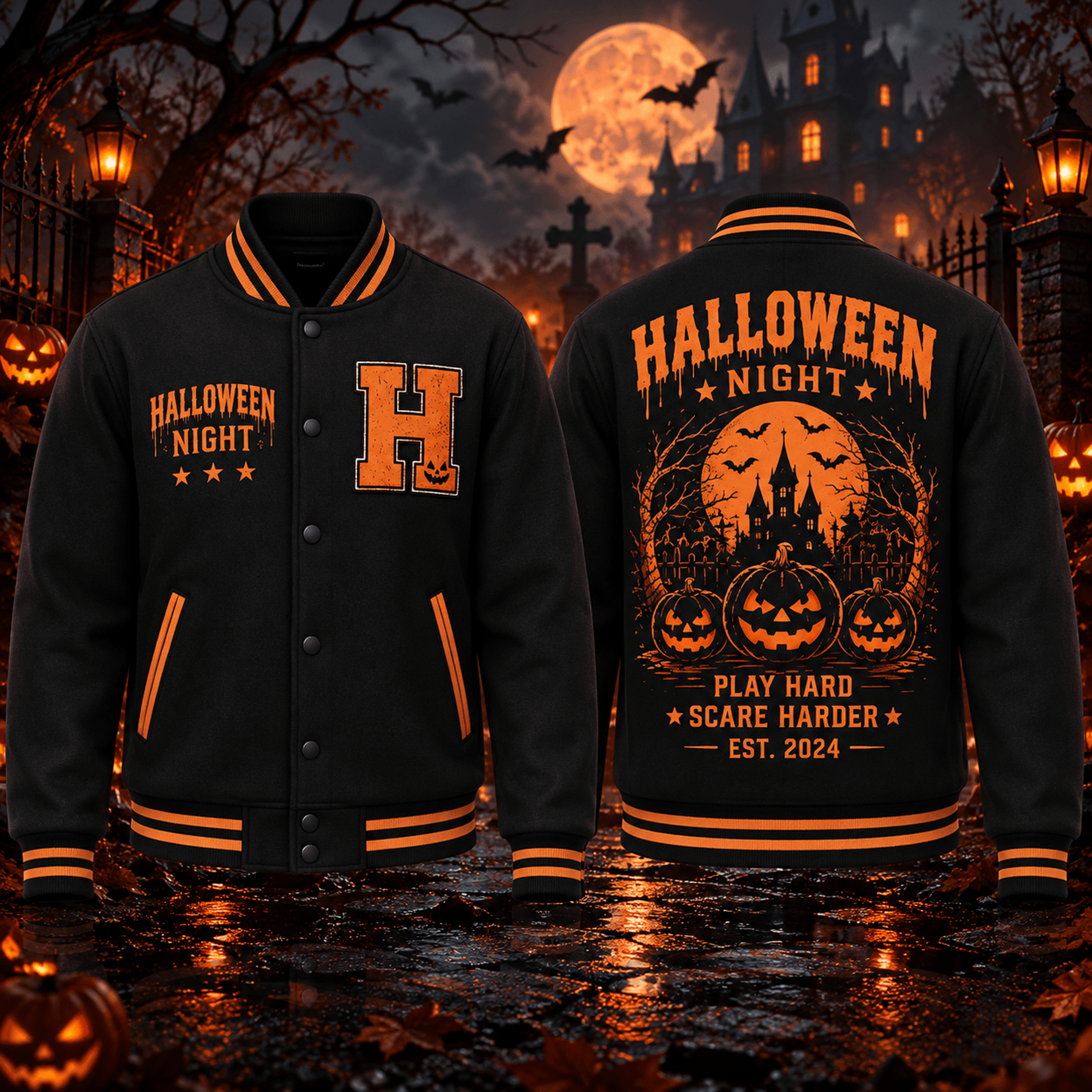 halloween night unisex varsity jacket, pumpkin haunted castle printed jacket, spooky halloween outfit