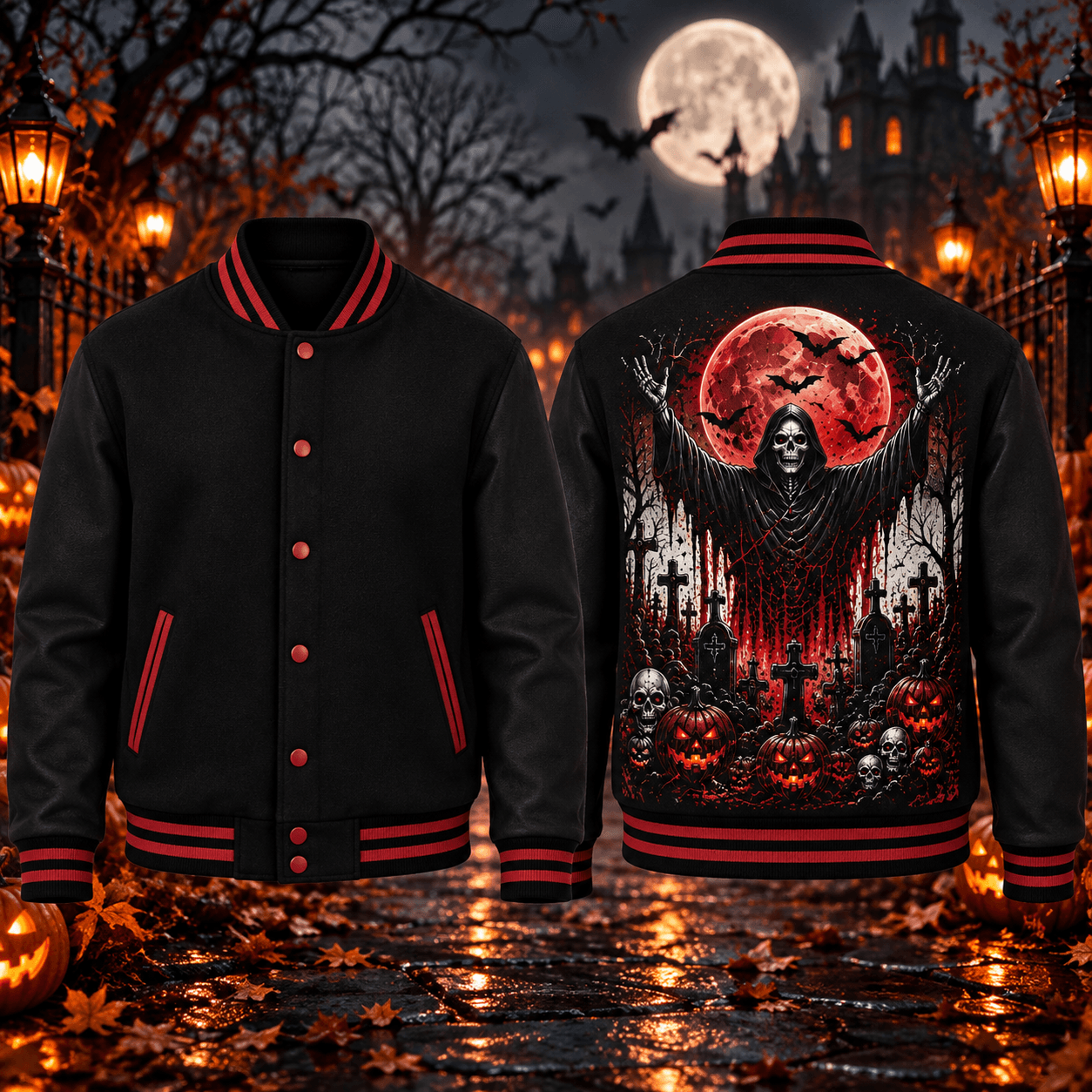 grim reaper halloween unisex varsity jacket, red moon graveyard pumpkin printed spooky jacket, gothic horror outfit