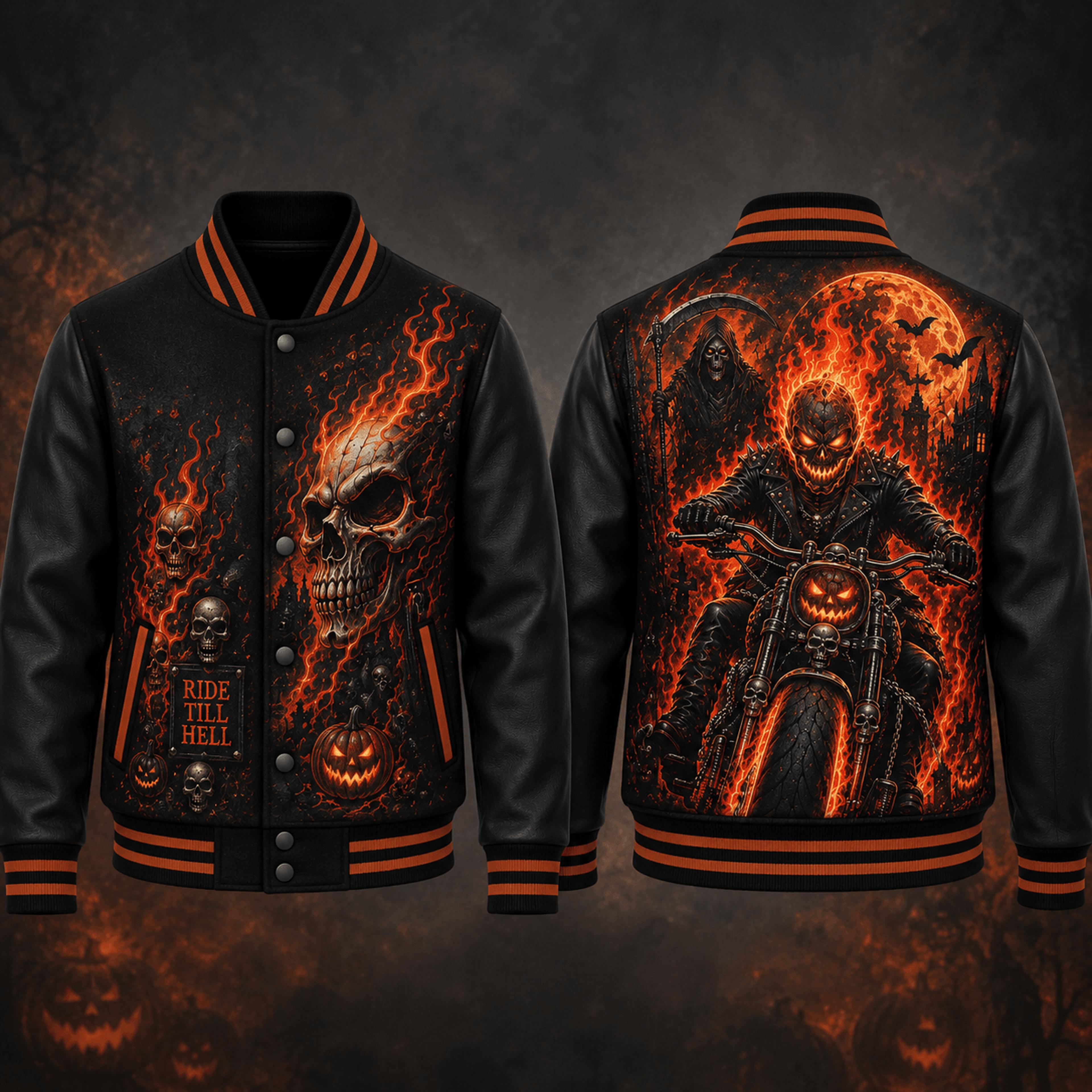 flaming skull biker halloween unisex varsity jacket, grim reaper motorcycle pumpkin horror printed jacket