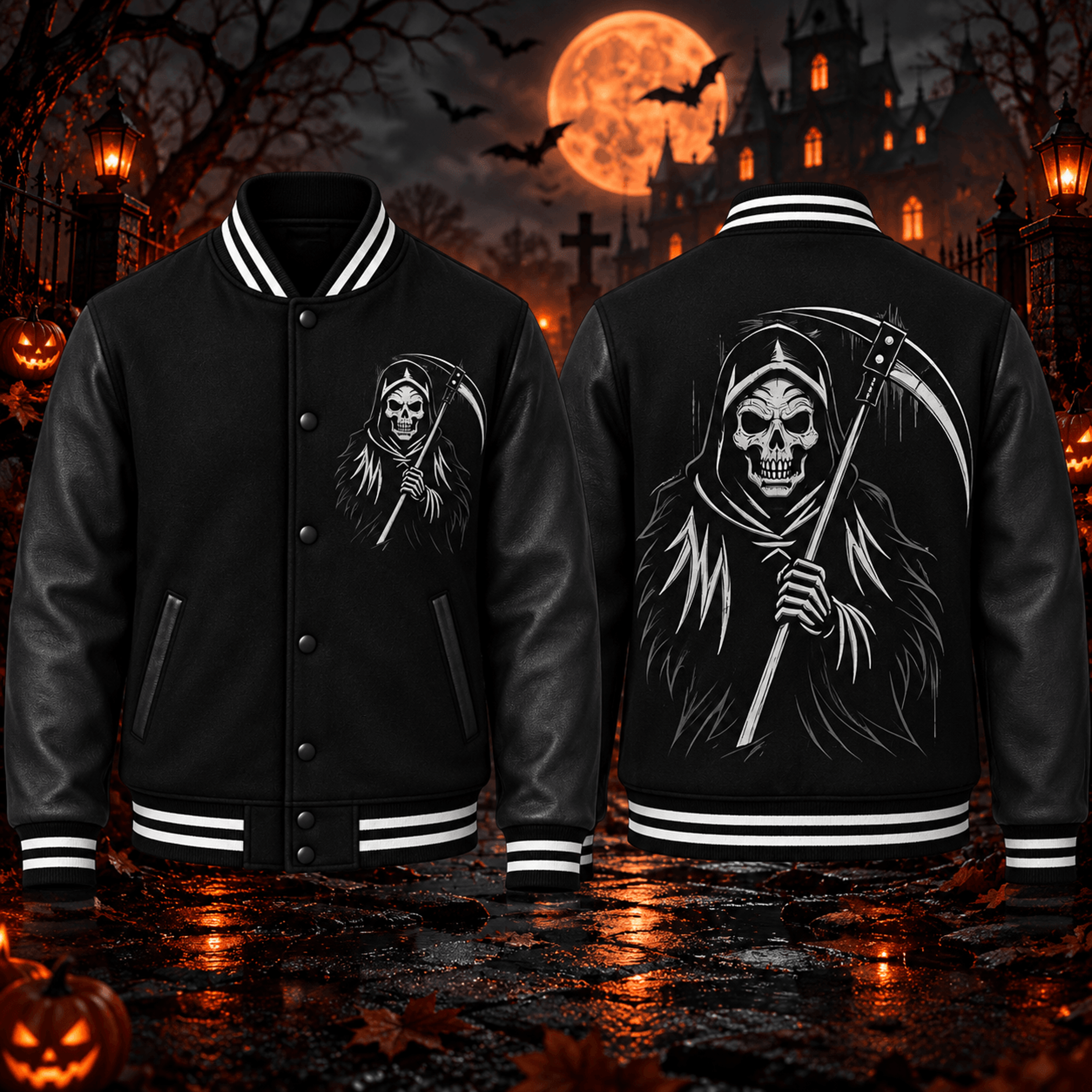 grim reaper unisex varsity jacket, black skull scythe printed halloween jacket, gothic horror spooky season outfit