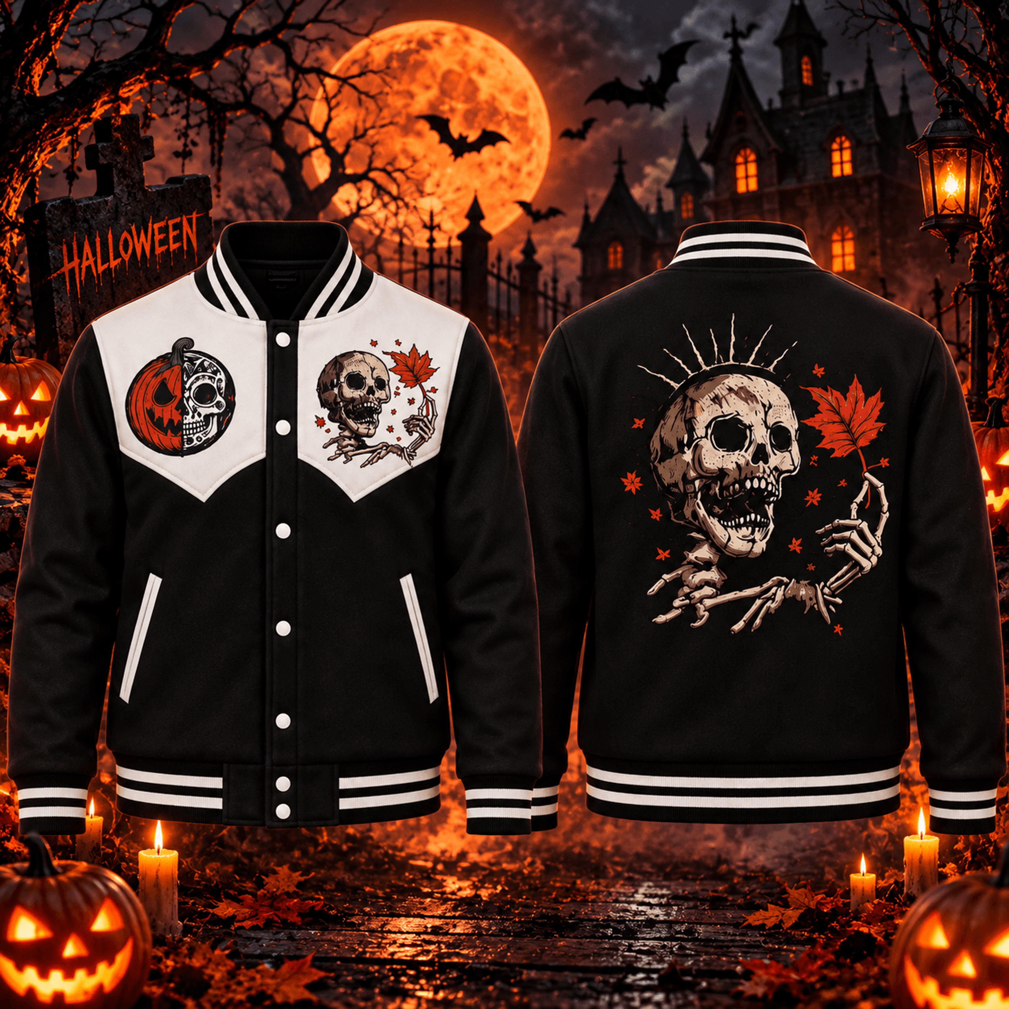 skeleton pumpkin halloween unisex varsity jacket, skull maple leaf printed spooky fall jacket, gothic halloween outfit
