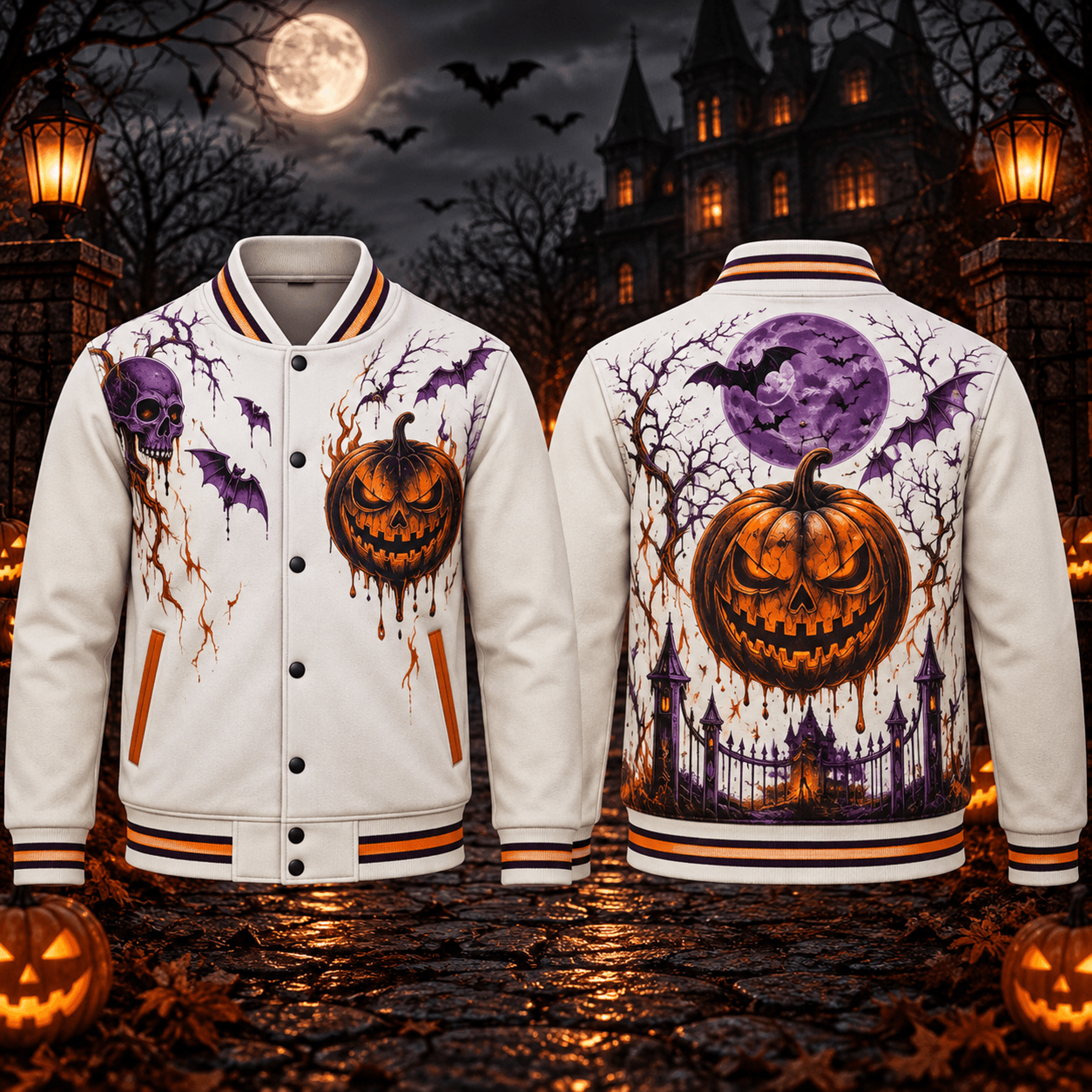 purple moon pumpkin unisex varsity jacket, halloween skull bat printed jacket, spooky gothic jack o lantern outfit