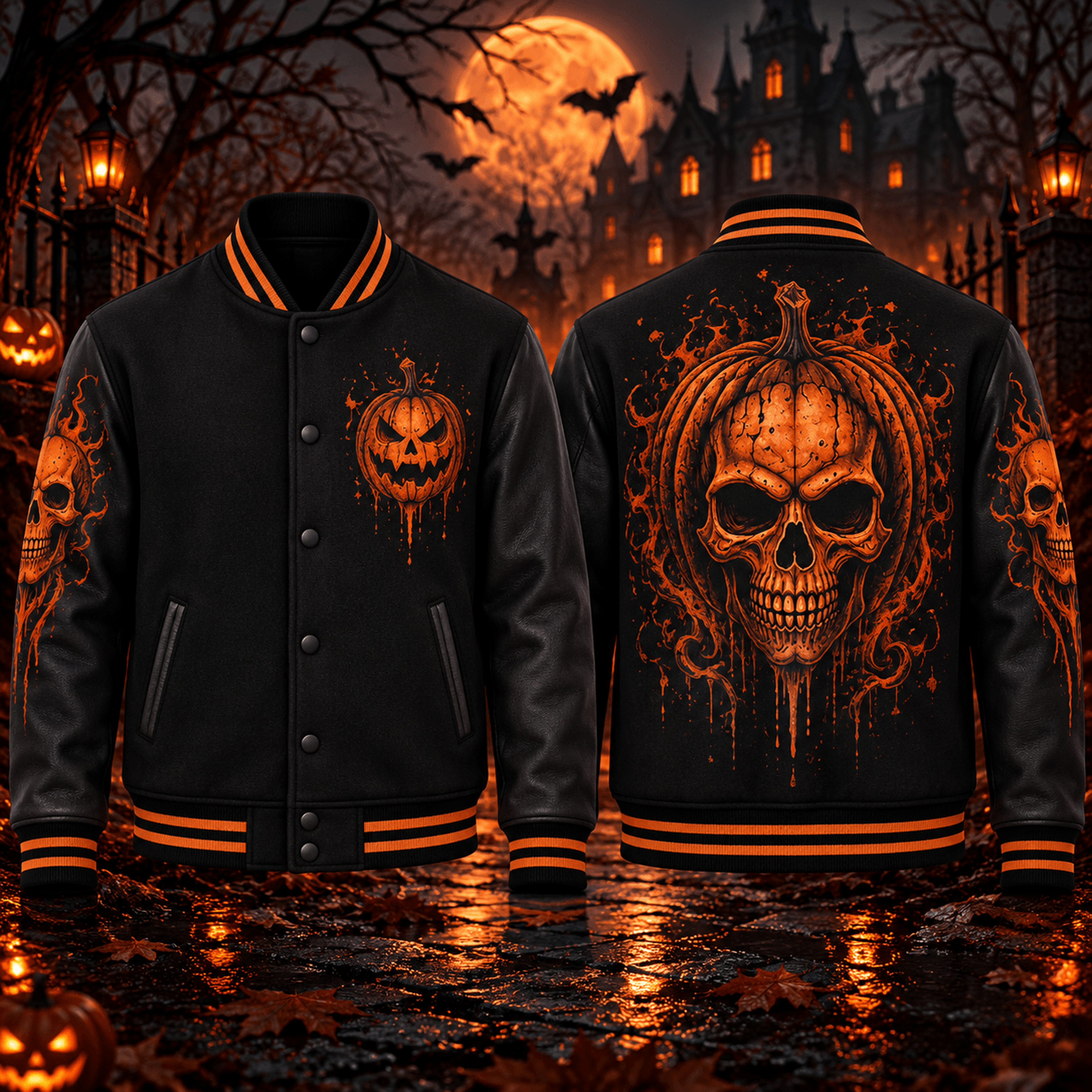 pumpkin skull unisex varsity jacket, halloween horror printed jacket, orange gothic skull spooky season outfit