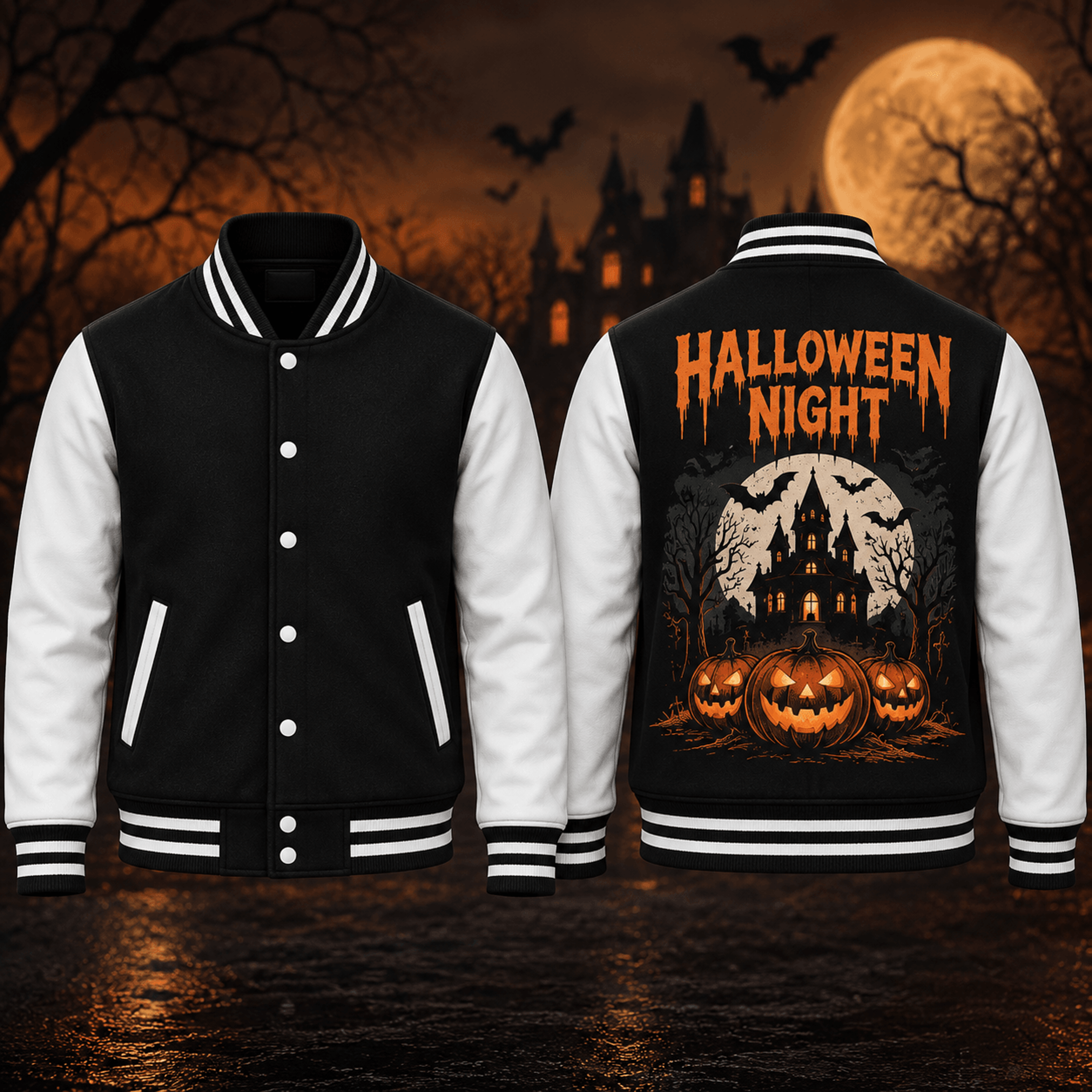 halloween night unisex varsity jacket, haunted house pumpkin printed jacket, spooky jack o lantern halloween outfit