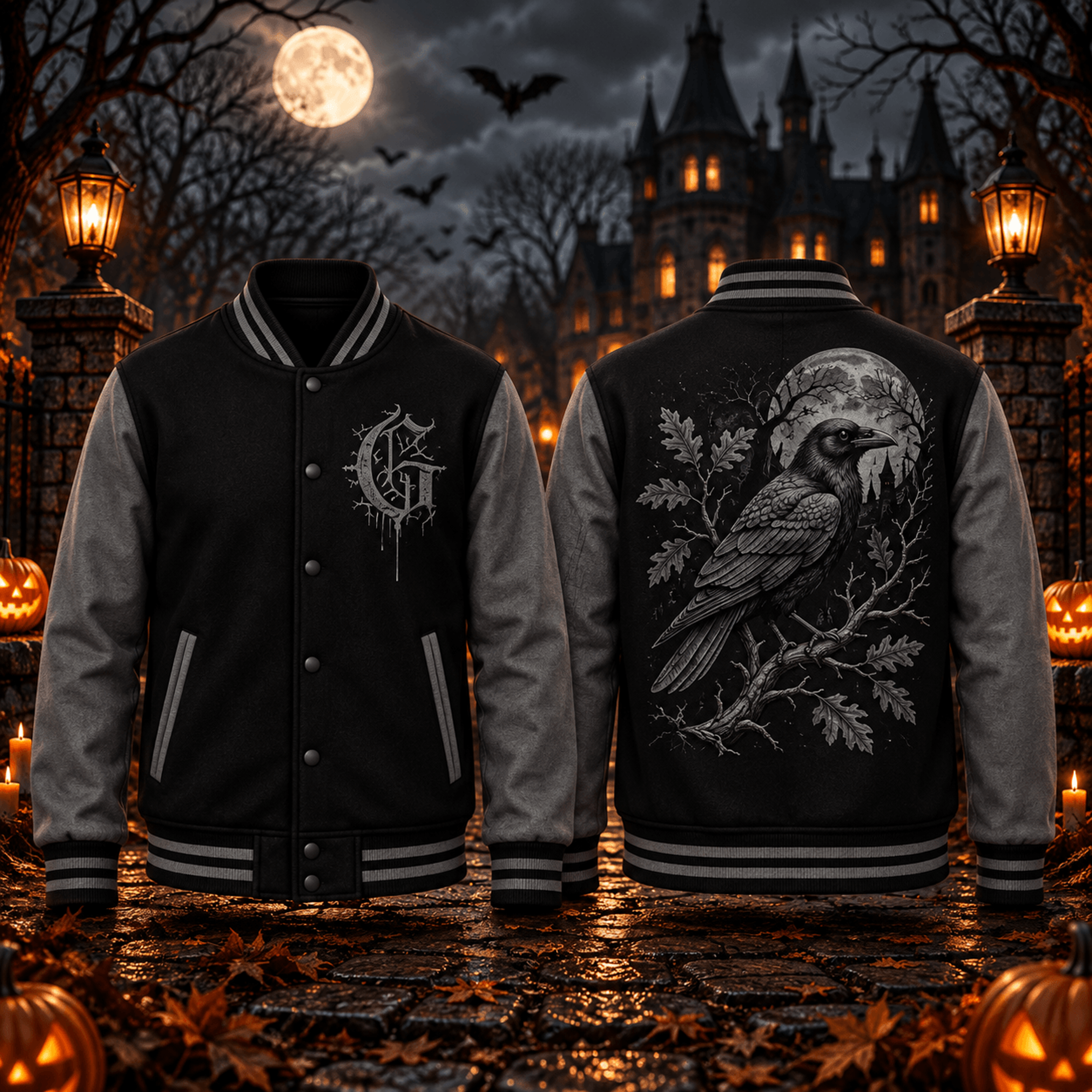gothic raven moon unisex varsity jacket, dark crow printed jacket, halloween forest night alternative outerwear