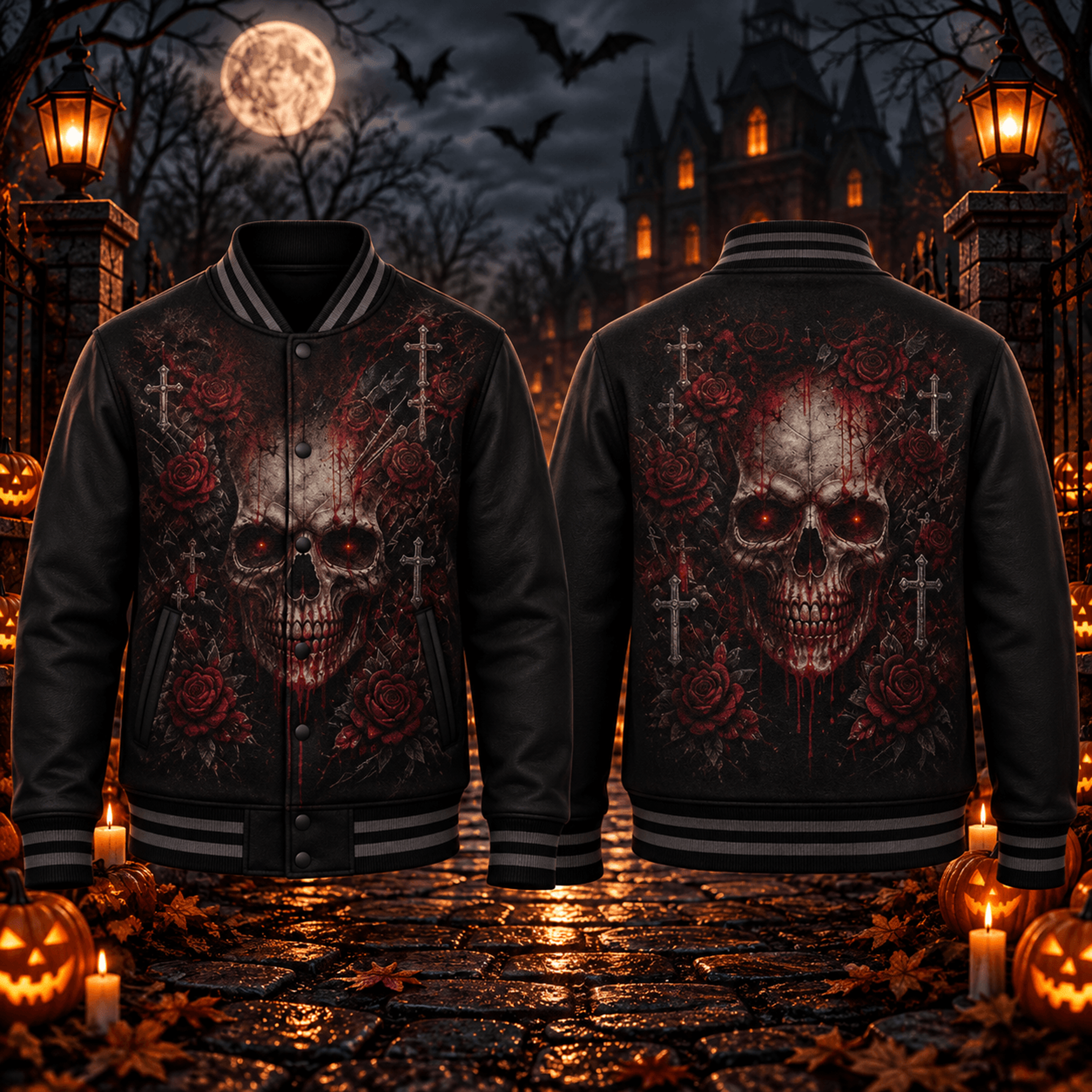 gothic skull rose unisex varsity jacket, red eye halloween horror printed jacket, dark cross skull spooky outfit