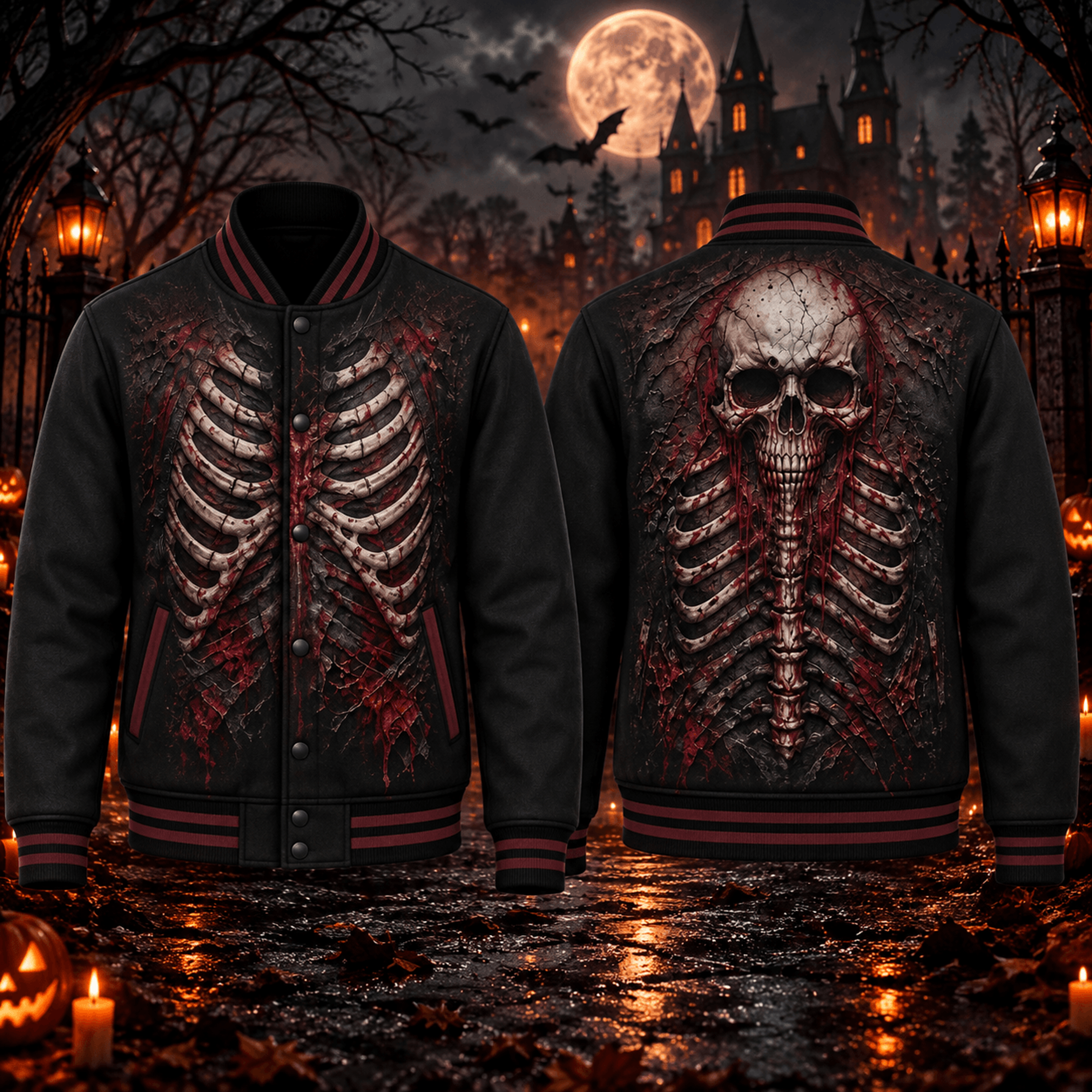 skeleton rib cage unisex varsity jacket, halloween skull printed jacket, bloody gothic horror spooky season outfit