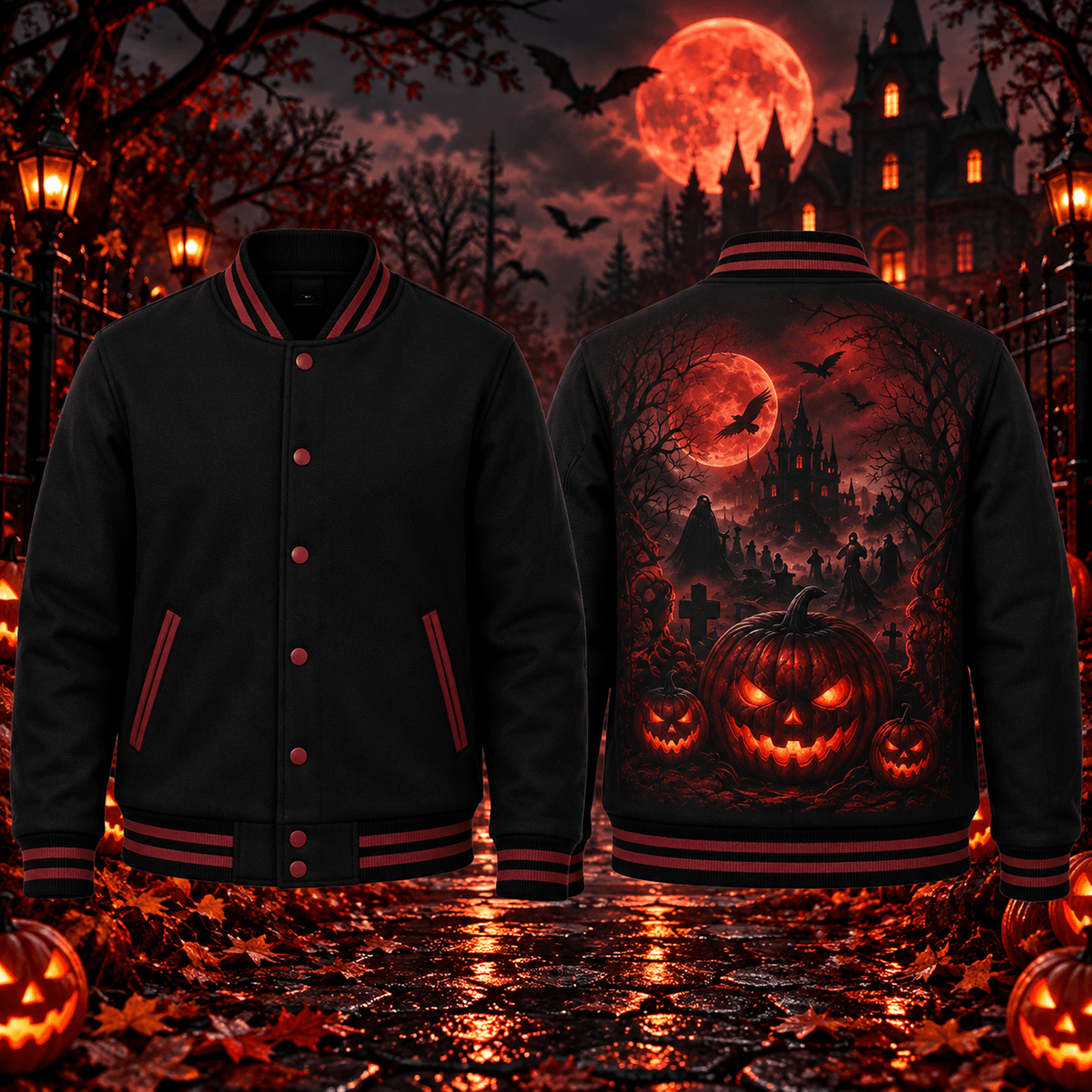 red moon pumpkin unisex varsity jacket, haunted castle halloween printed jacket, gothic jack o lantern horror outfit