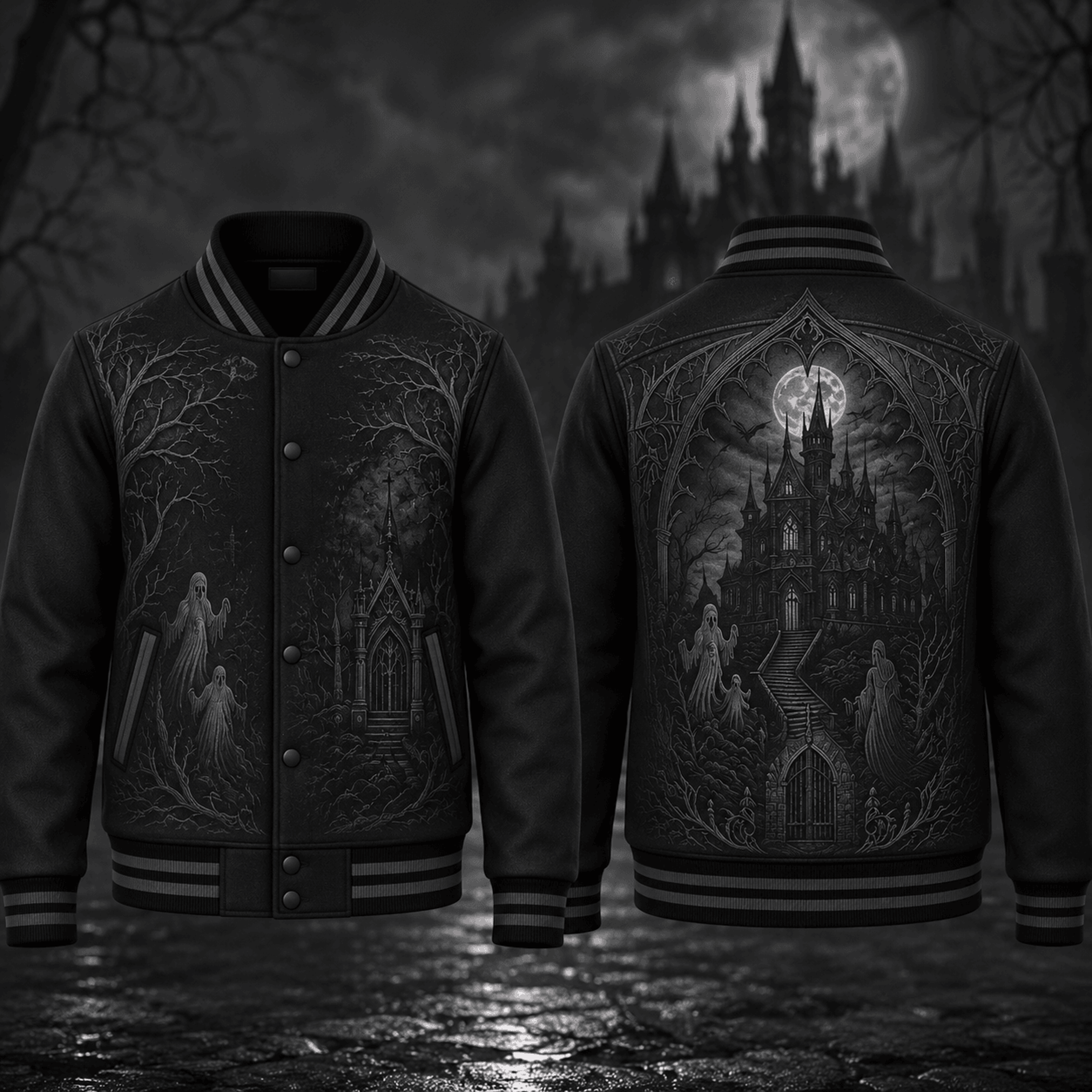 haunted castle ghost unisex varsity jacket, gothic moon halloween printed jacket, dark haunted house horror outfit