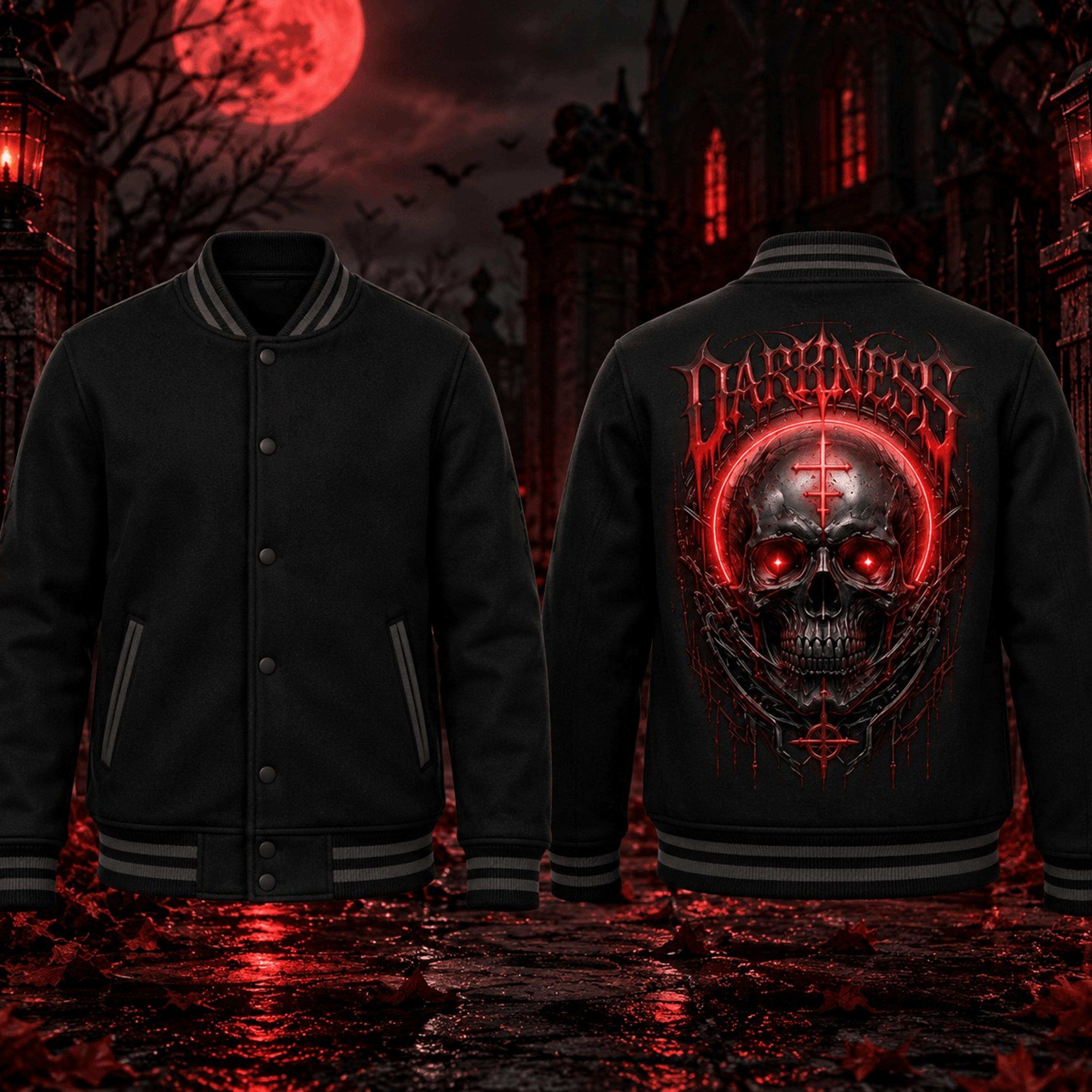 darkness skull unisex varsity jacket, red gothic halloween printed jacket, dark horror skull spooky streetwear