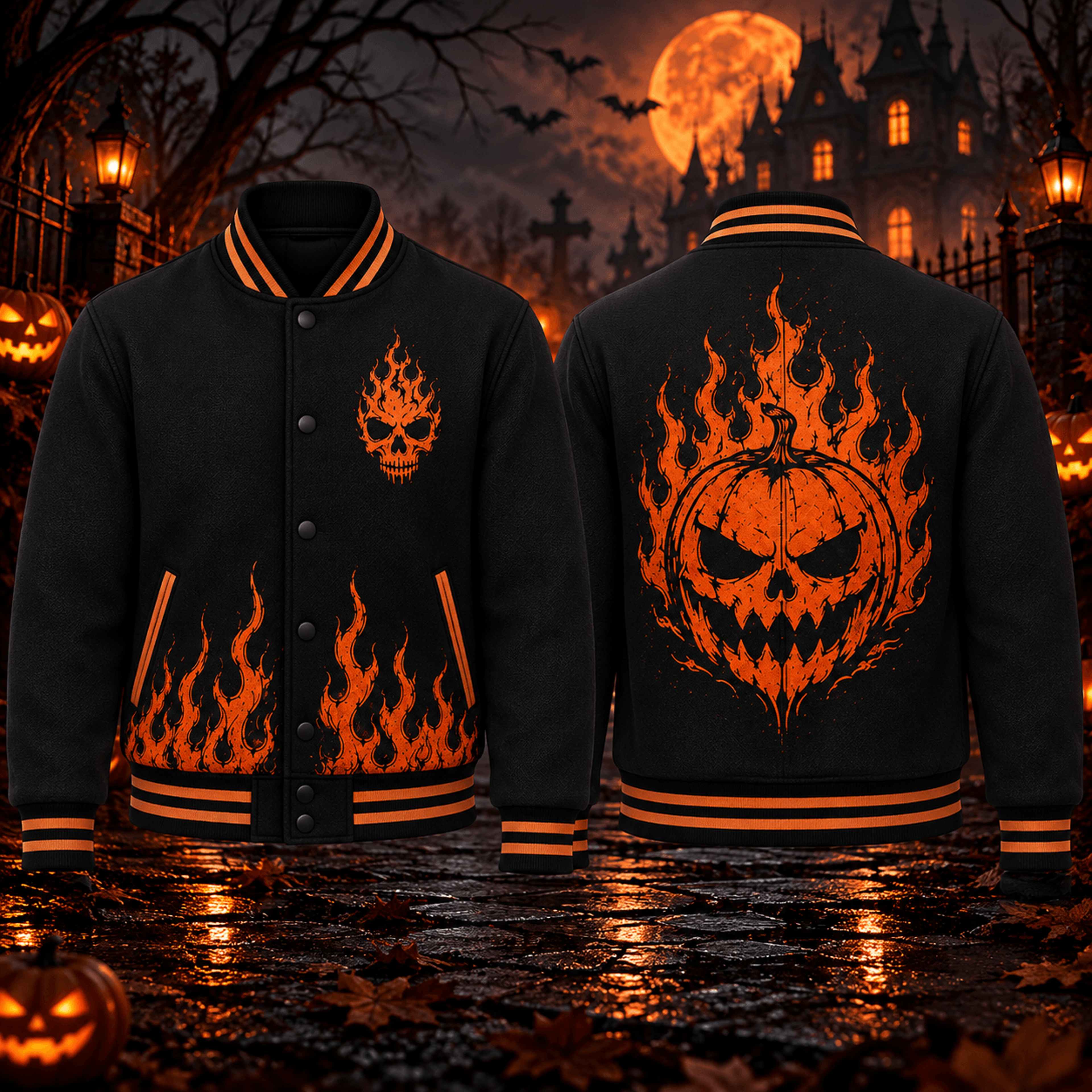 flaming pumpkin unisex varsity jacket, halloween jack o lantern printed jacket, orange fire skull spooky horror wear