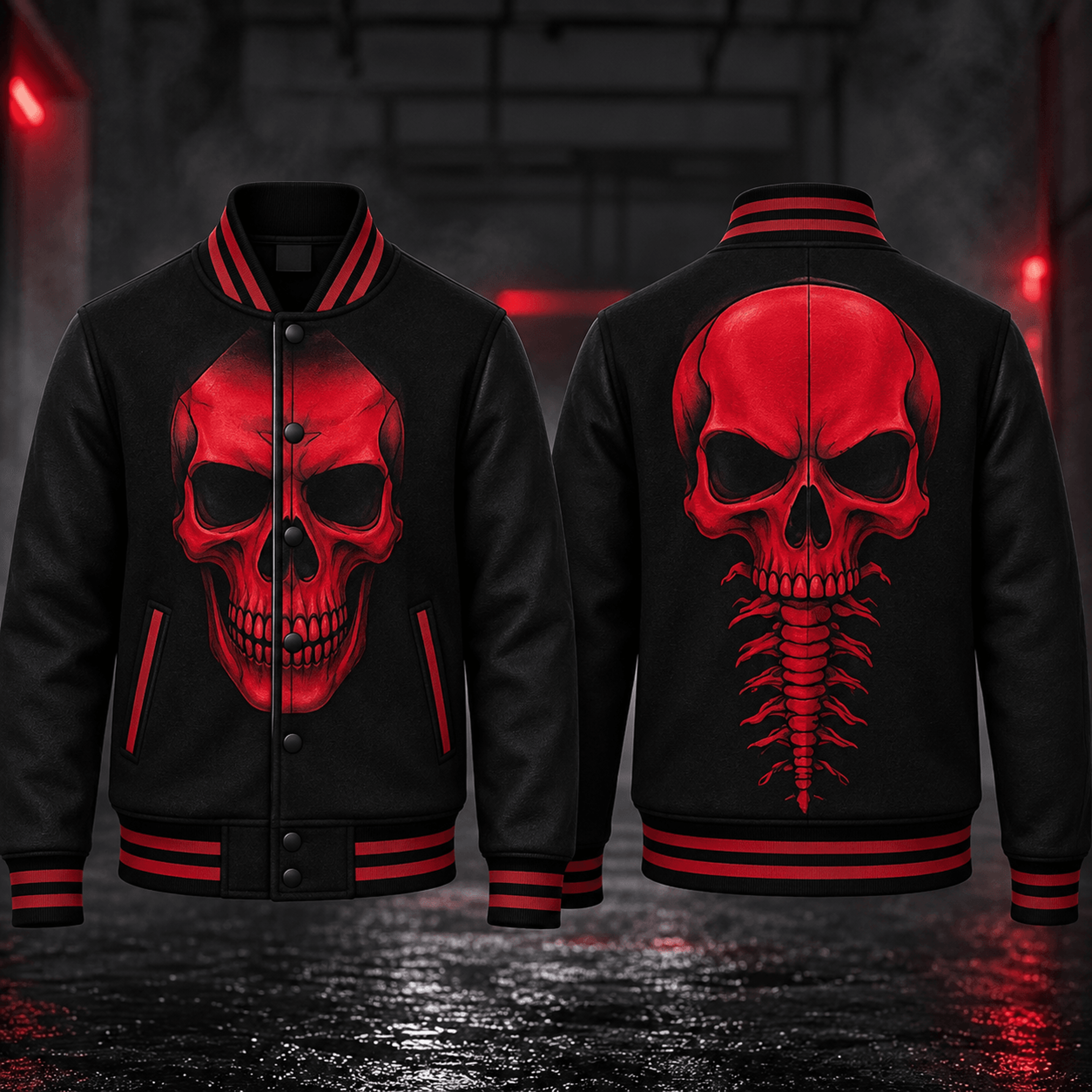 red skull unisex varsity jacket, gothic skeleton halloween printed jacket, black and red horror skull streetwear