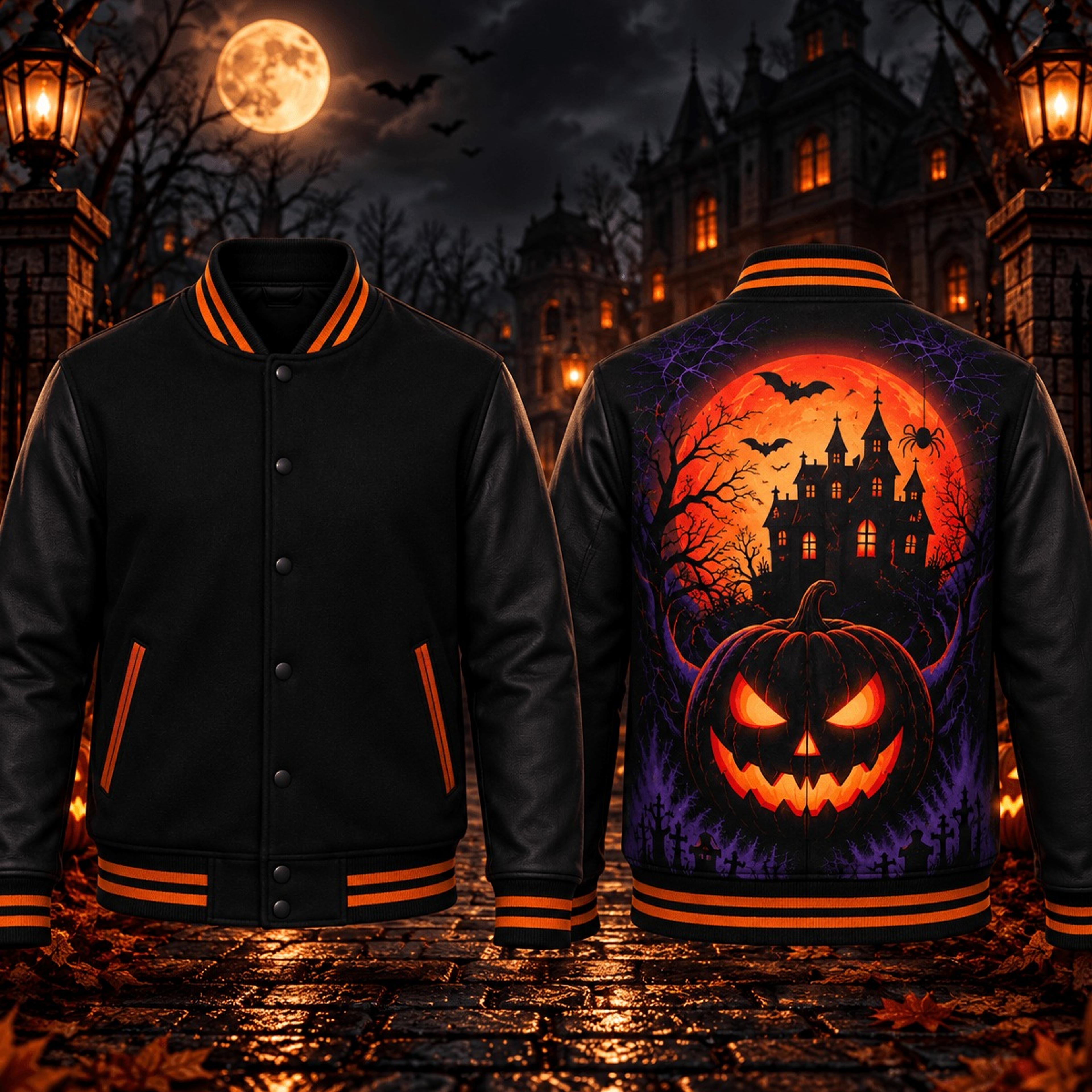 haunted pumpkin unisex varsity jacket, halloween jack o lantern printed jacket, spooky castle horror nightwear
