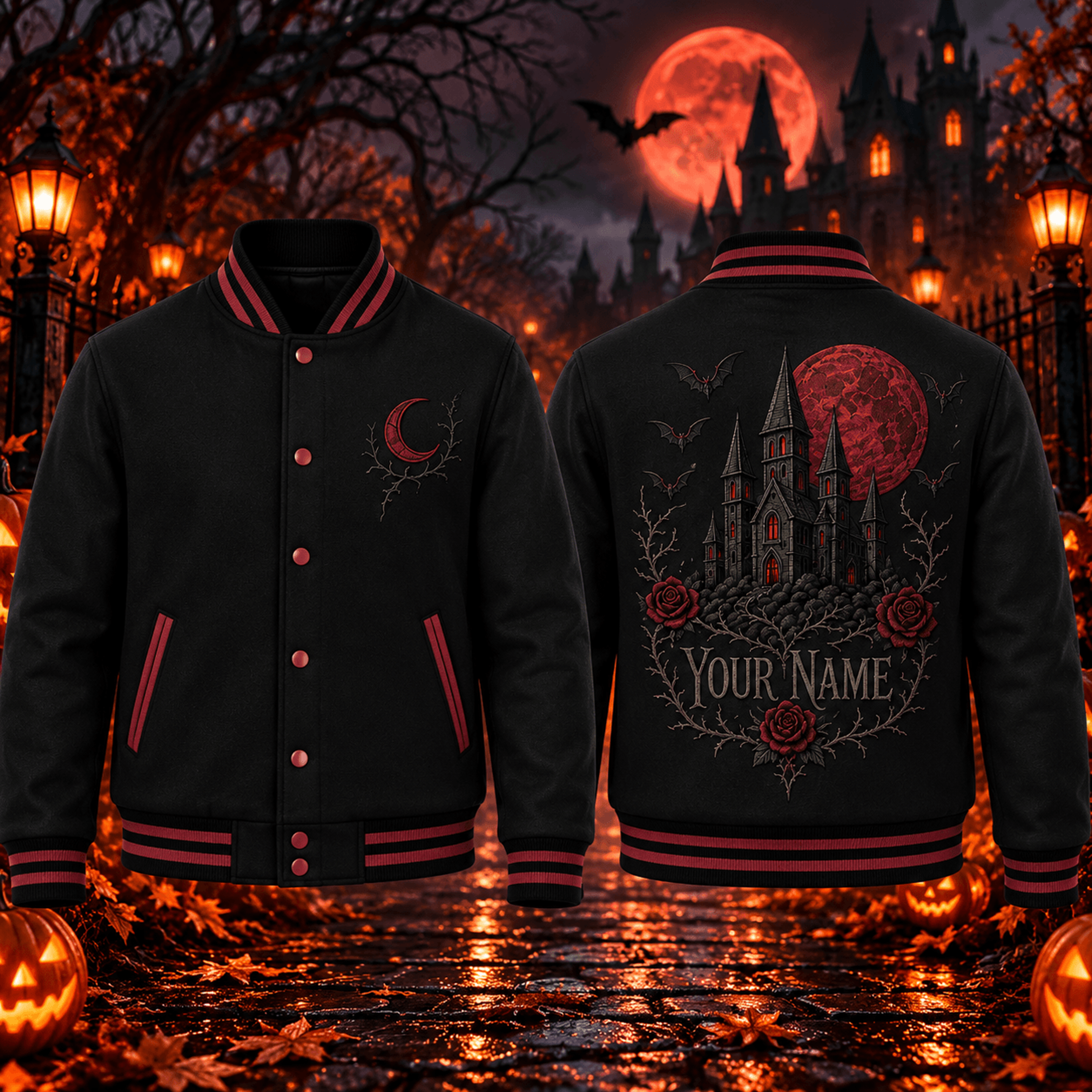 personalized gothic castle unisex varsity jacket, custom name halloween moon & bat printed jacket, spooky rose design
