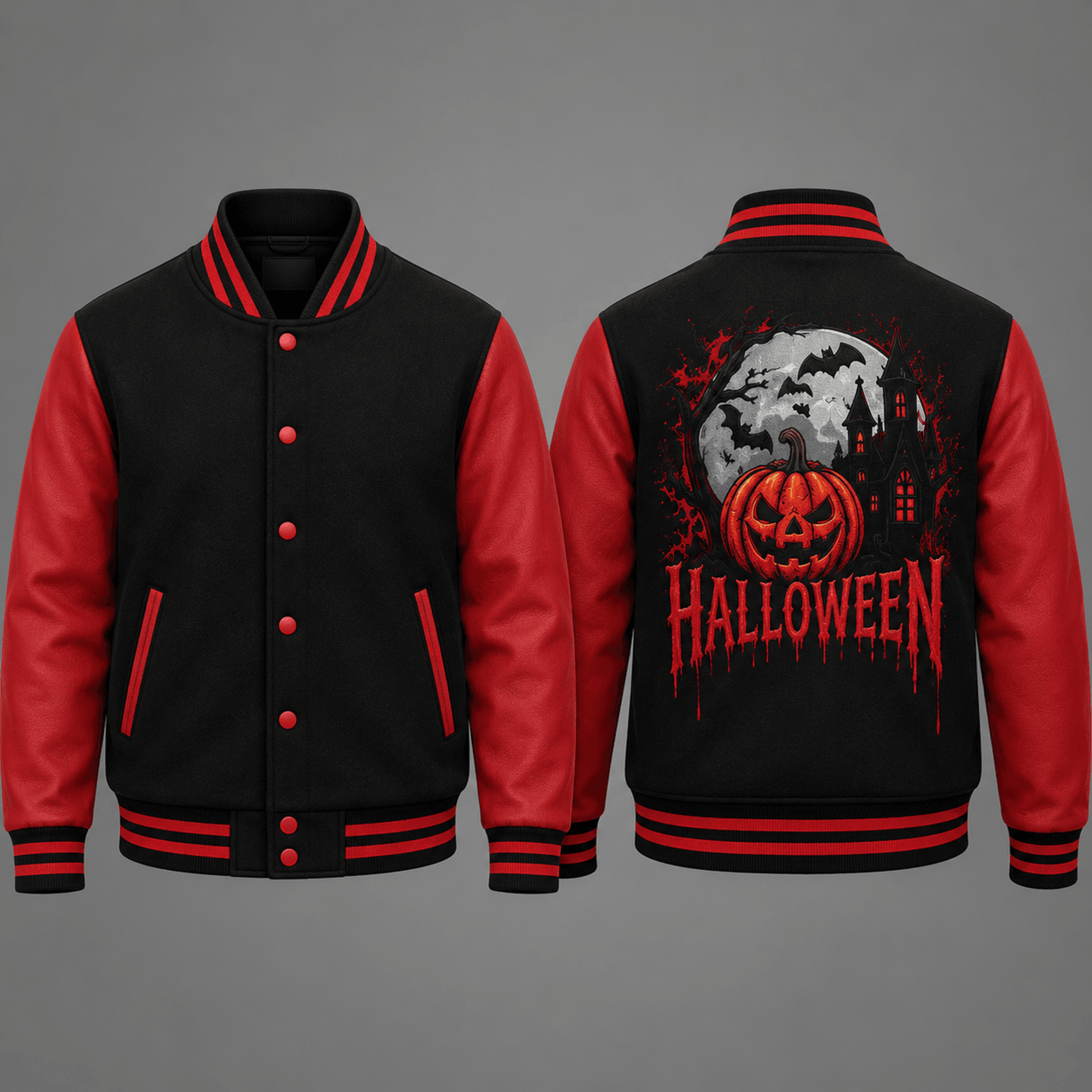 halloween pumpkin unisex varsity jacket, haunted house moon & bat printed jacket, spooky jack o lantern gothic outerwear