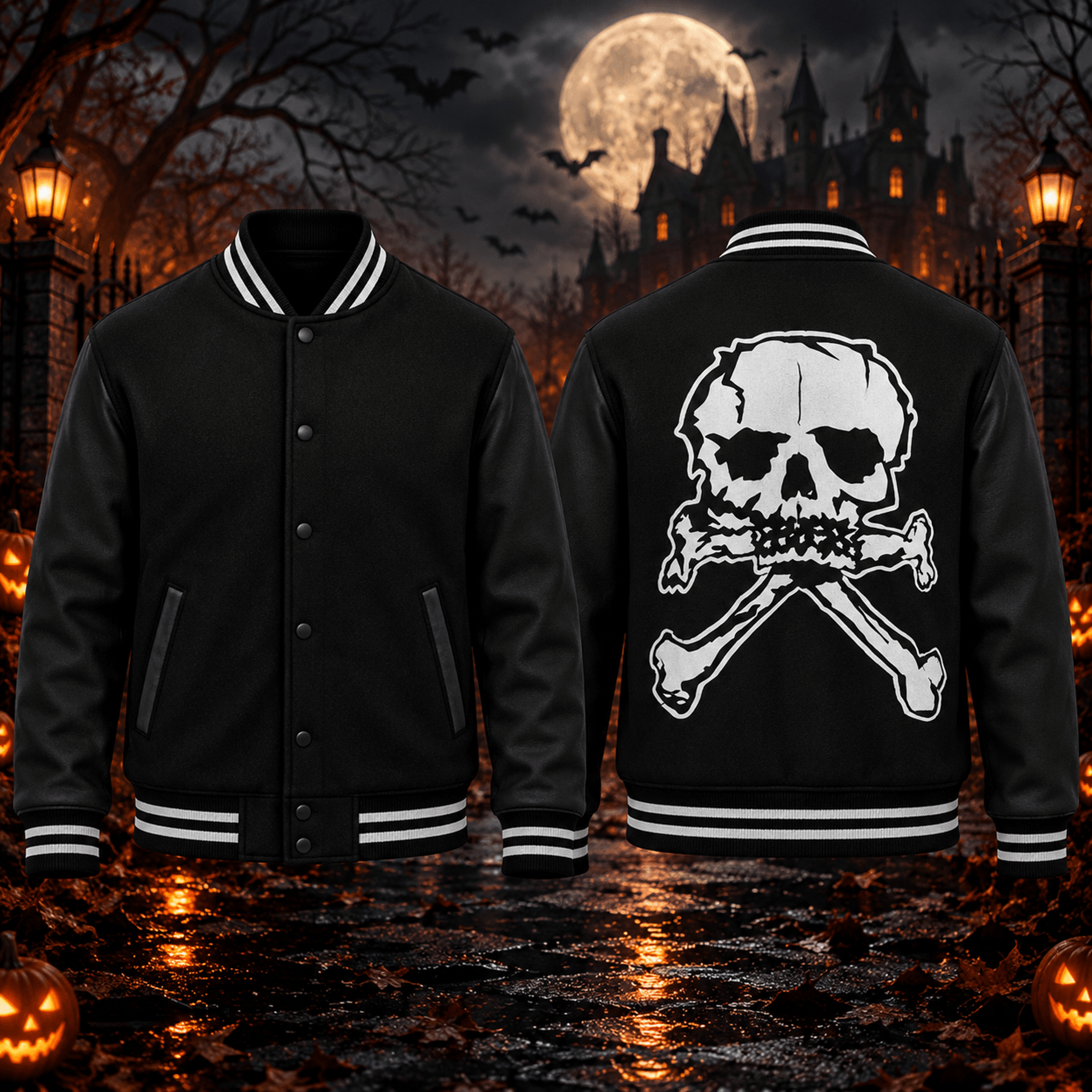 skull crossbones unisex varsity jacket, black and white halloween printed jacket, gothic skeleton spooky outerwear