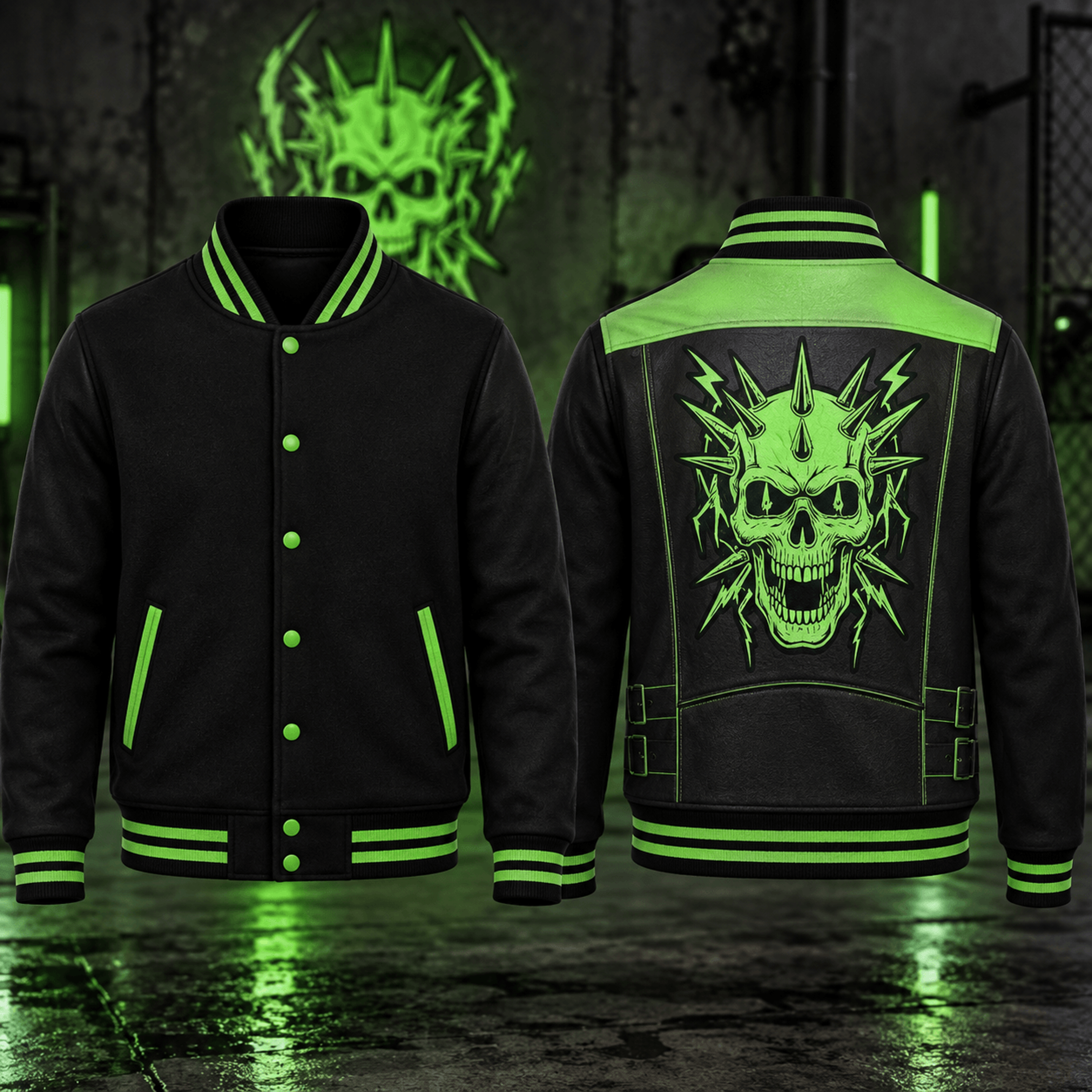 neon green skull unisex varsity jacket, spiked punk skull printed jacket, gothic horror alternative streetwear