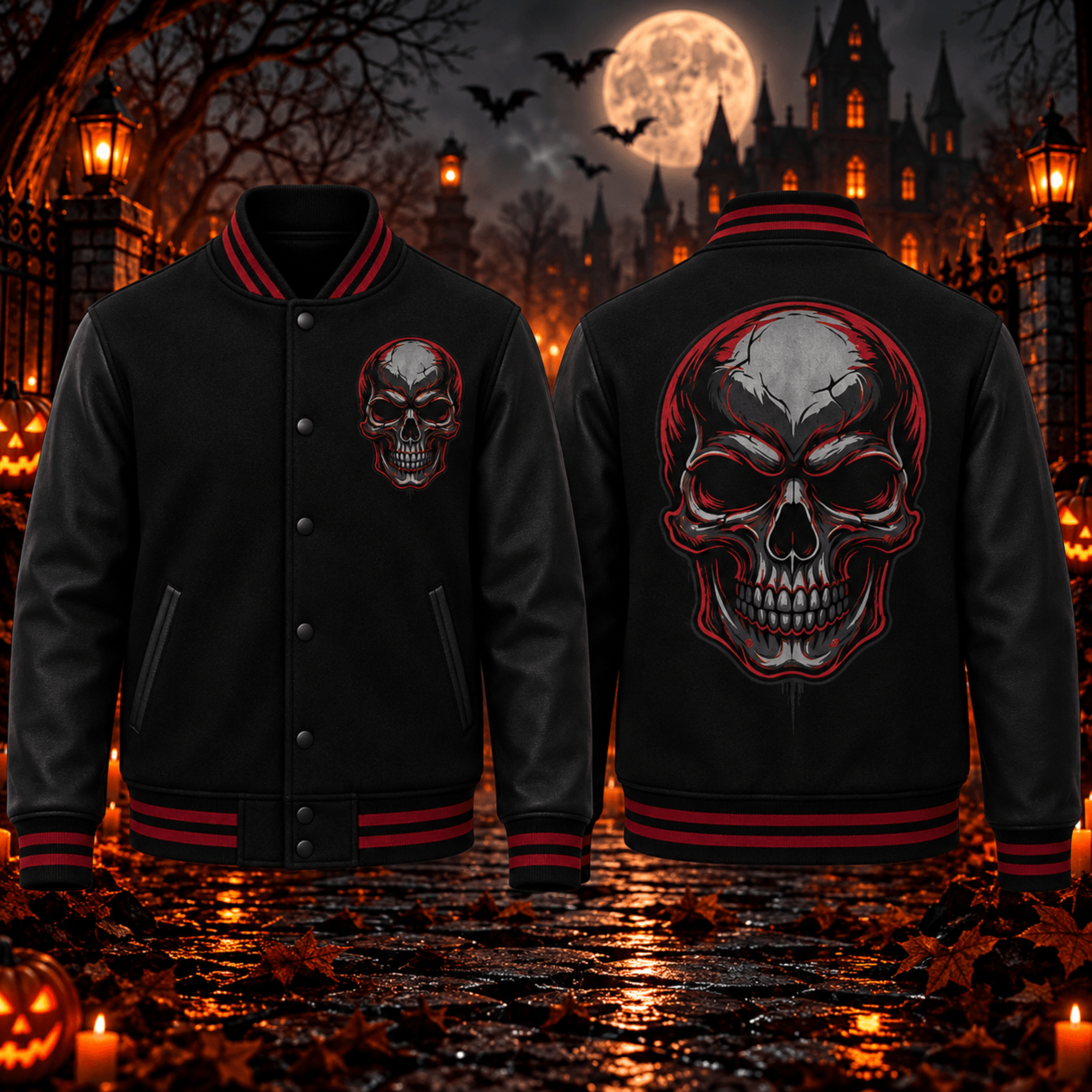 red skull unisex varsity jacket, gothic horror skull printed jacket, dark halloween alternative streetwear