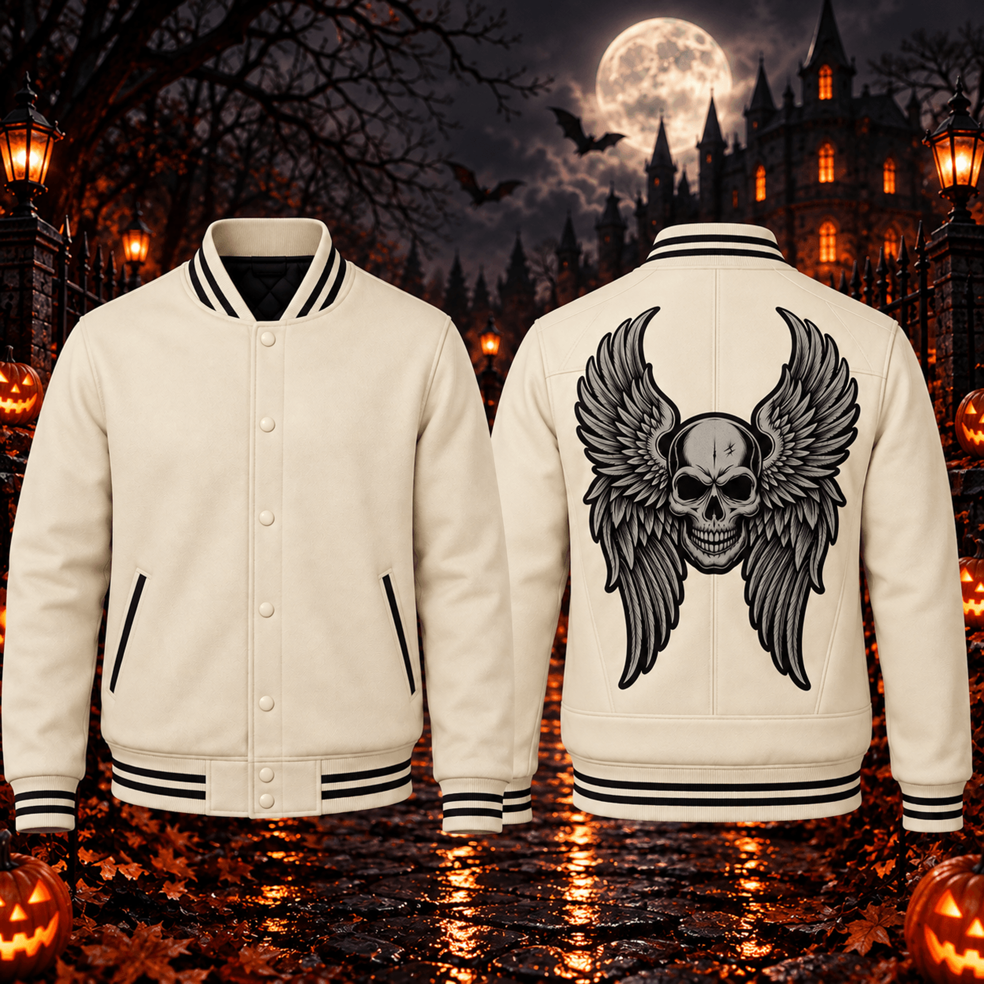 halloween skull wings unisex varsity jacket, gothic angel skull printed jacket, horror halloween streetwear