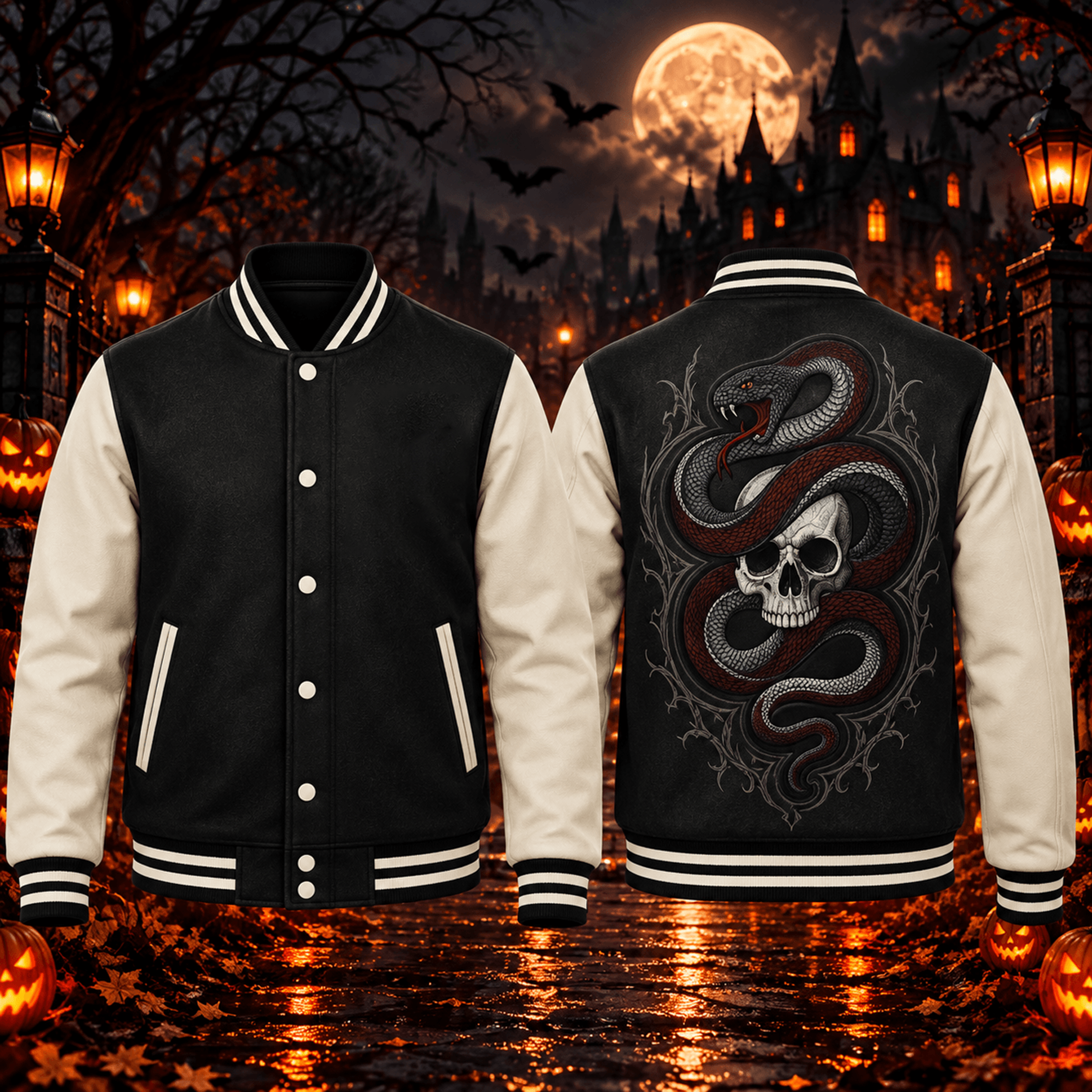 halloween snake skull unisex varsity jacket, gothic serpent skull printed jacket, horror halloween streetwear