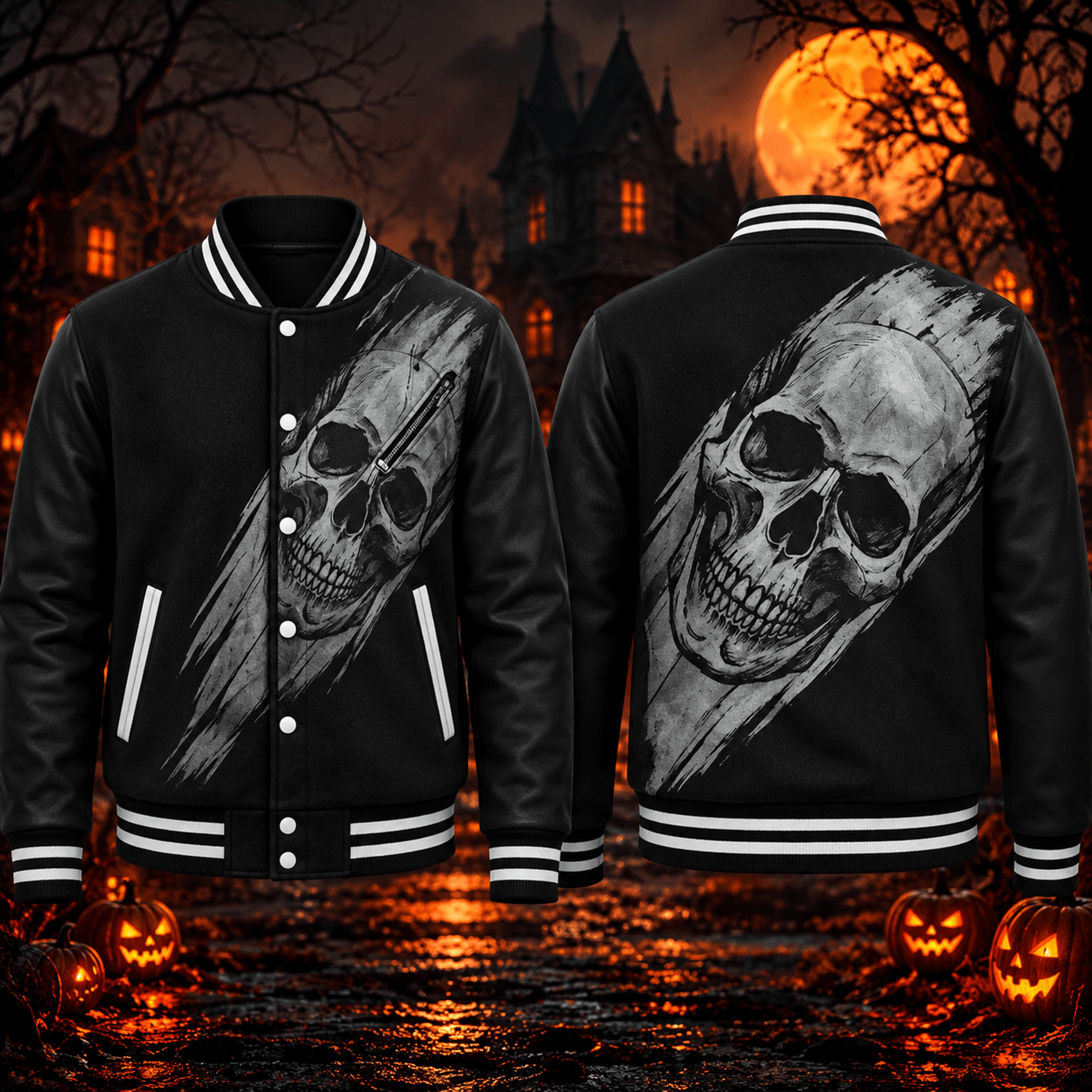 halloween skull unisex varsity jacket, gothic horror skull printed jacket, scary halloween streetwear