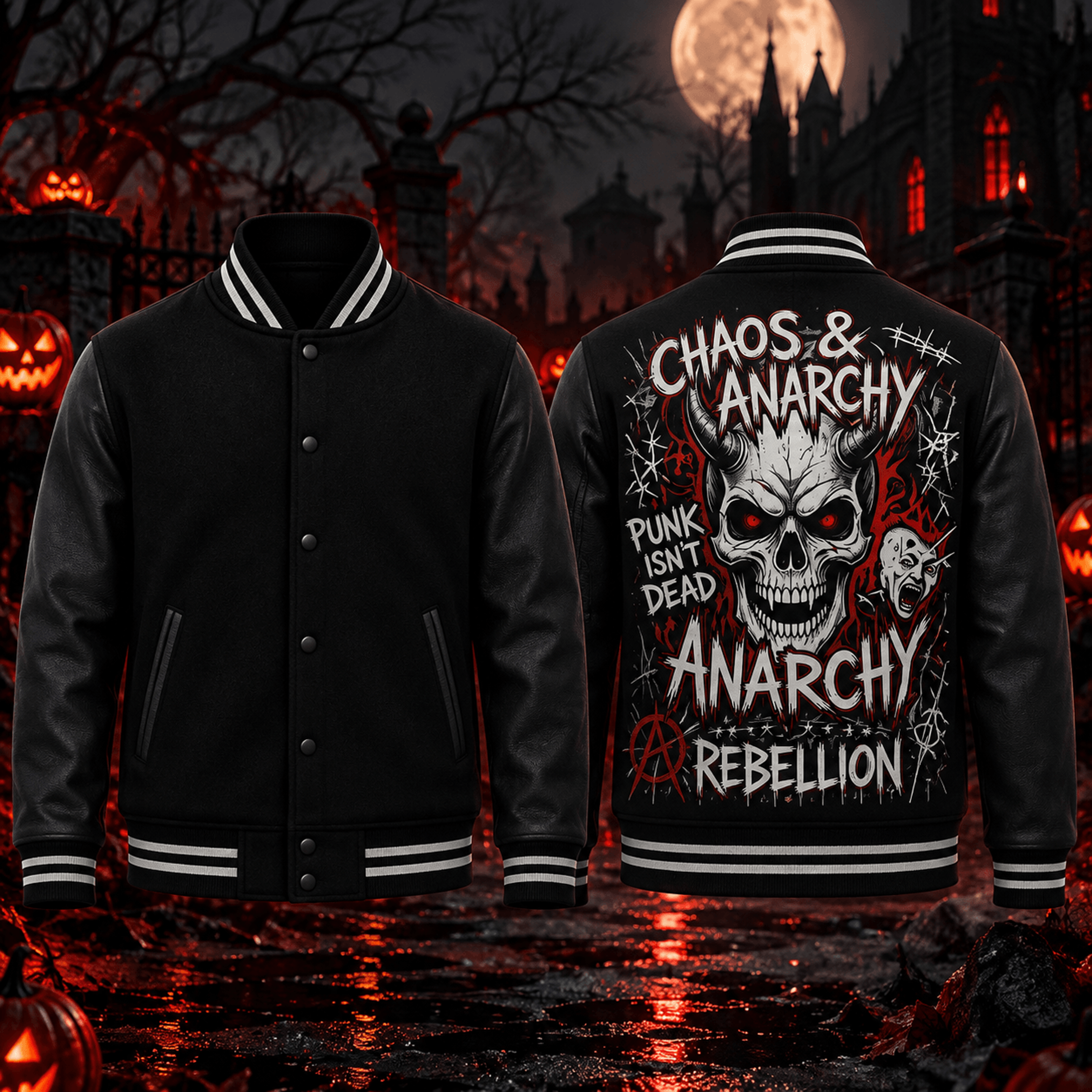 halloween punk skull unisex varsity jacket, gothic anarchy horror printed jacket, chaos rebellion alternative streetwear