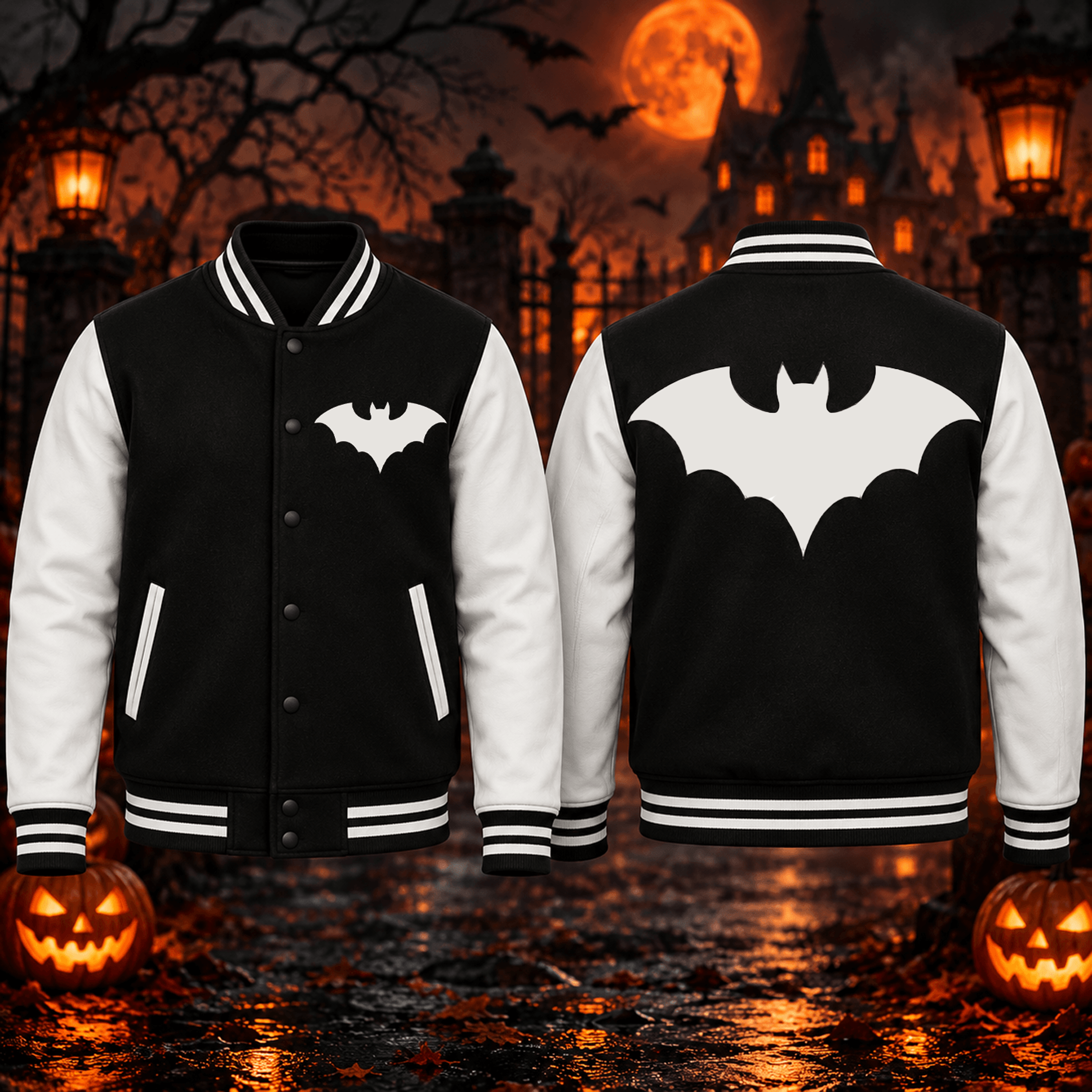 halloween bat unisex varsity jacket, gothic white bat printed jacket, spooky vampire halloween streetwear
