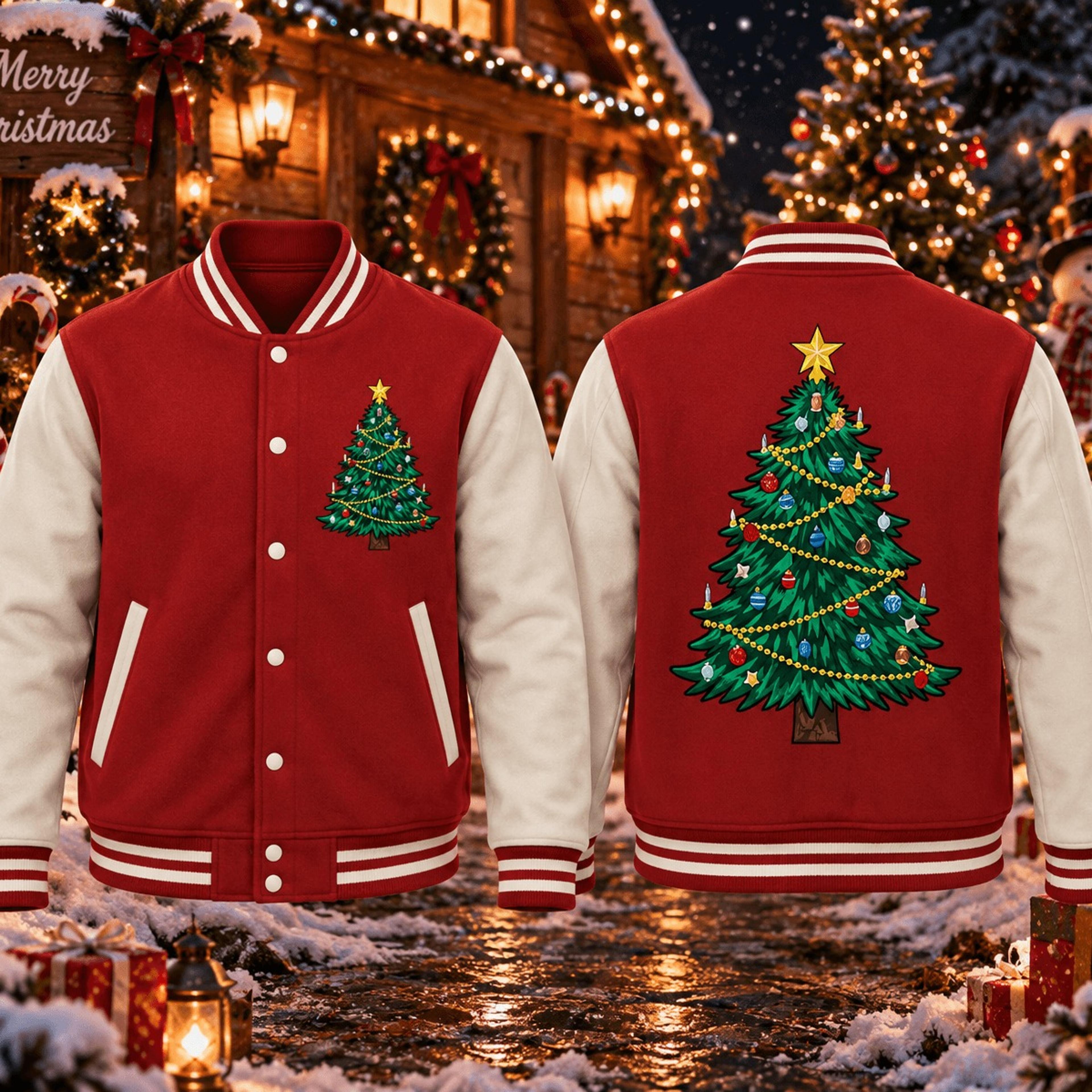 christmas tree unisex varsity jacket, holiday christmas printed jacket, festive xmas tree winter jacket, christmas gift
