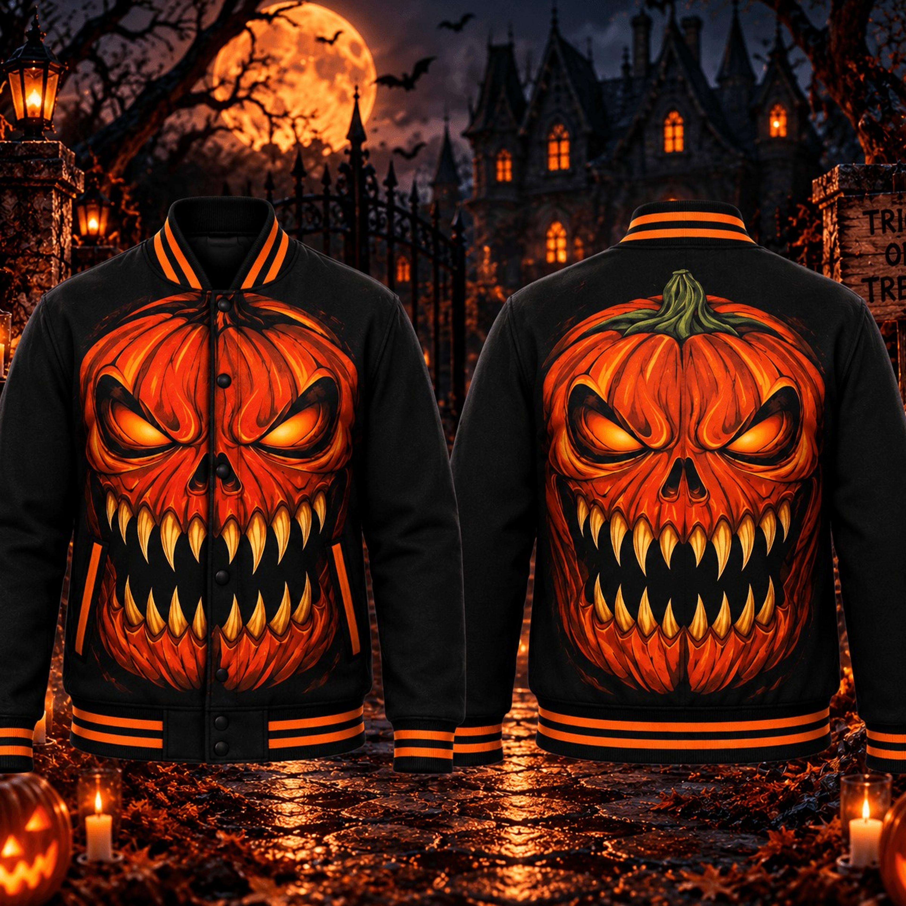halloween evil pumpkin unisex varsity jacket, scary jack o lantern horror jacket, spooky pumpkin halloween streetwear