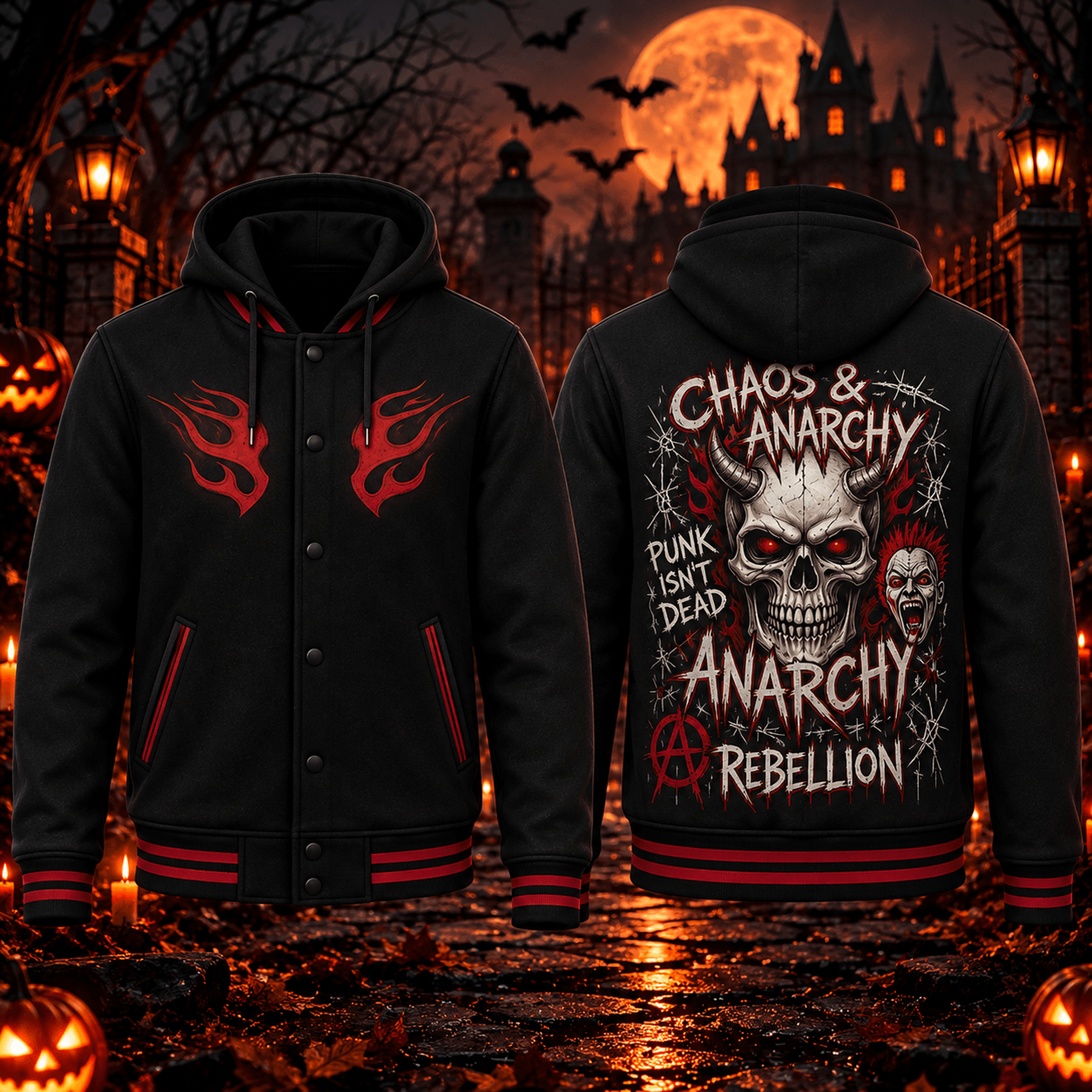 halloween chaos anarchy unisex varsity jacket, punk skull horror jacket, gothic rebellion halloween streetwear