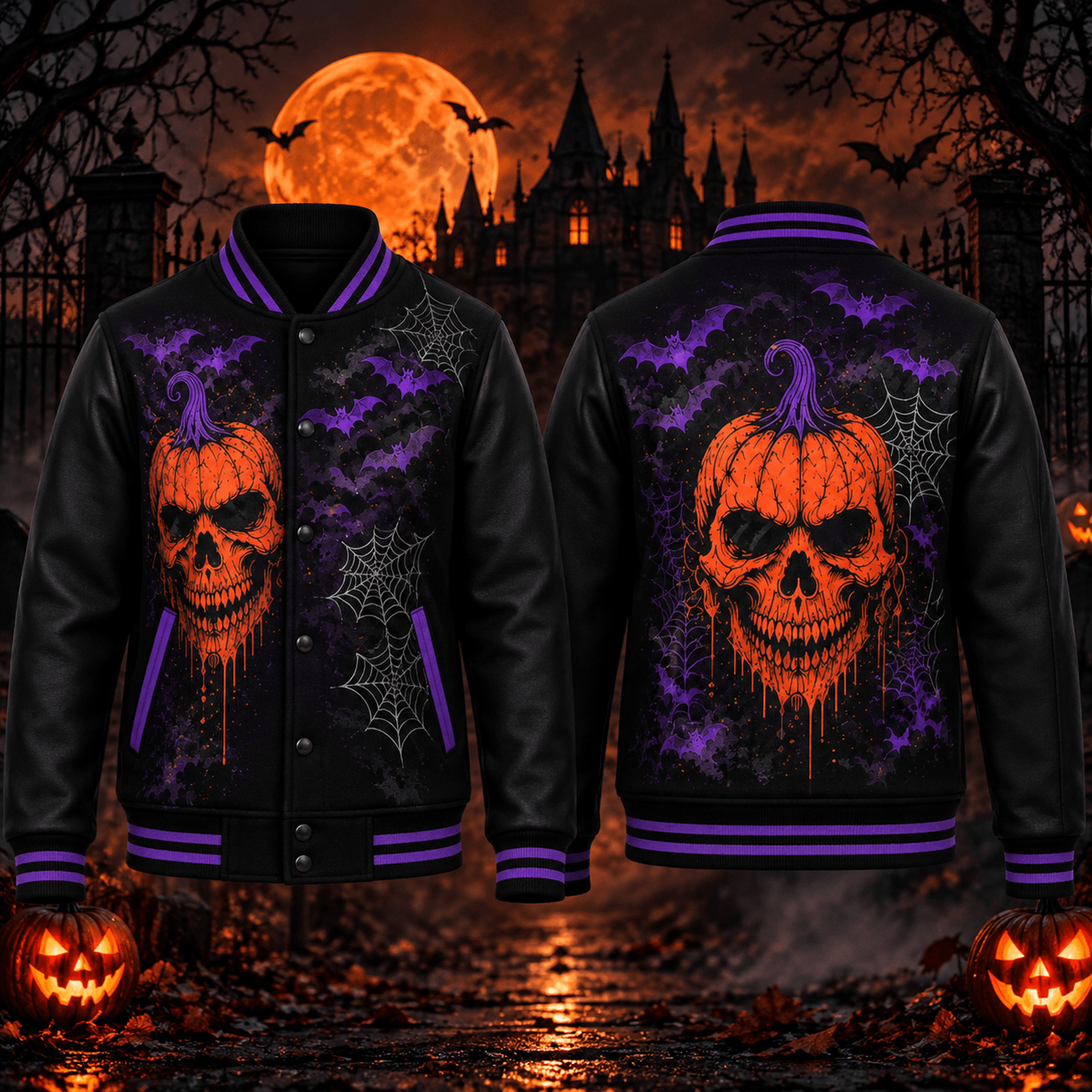 halloween pumpkin skull unisex varsity jacket, spooky gothic horror jacket, orange purple bat halloween streetwear