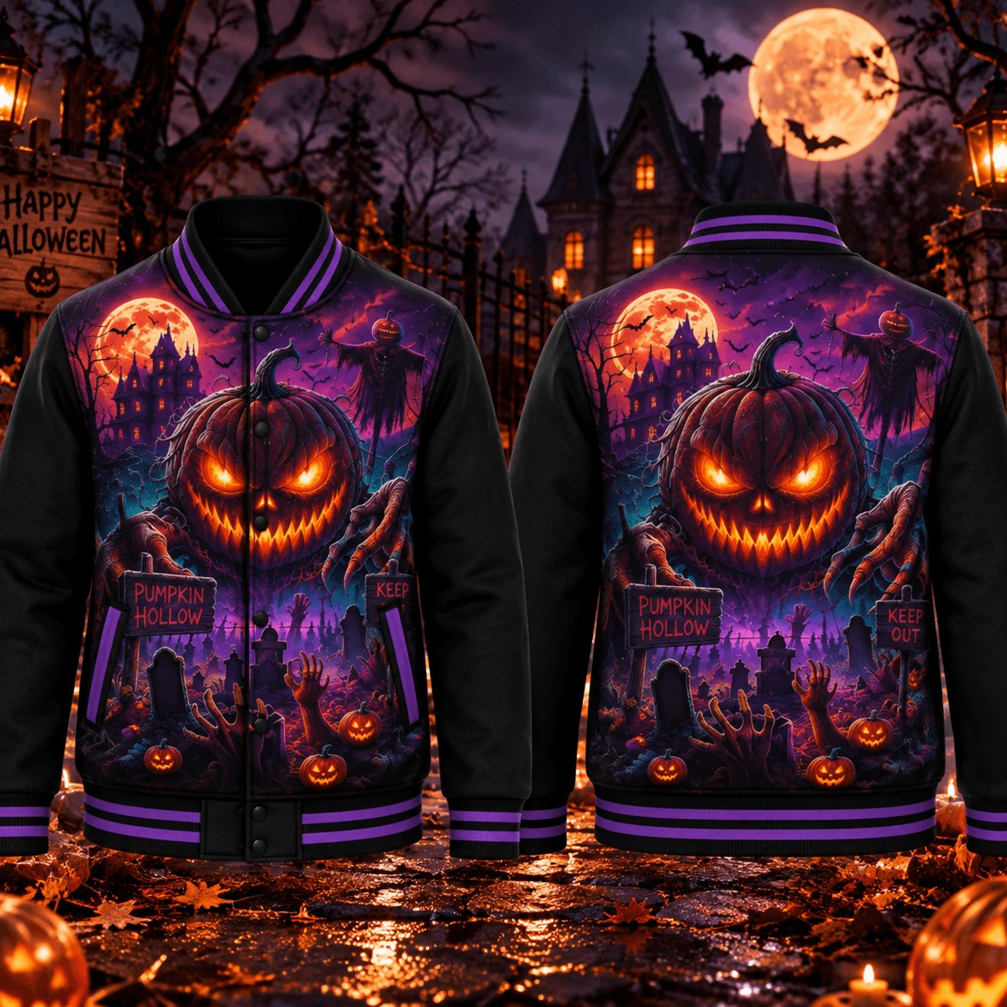 halloween pumpkin horror unisex varsity jacket, scary jack o lantern haunted house spooky halloween jacket