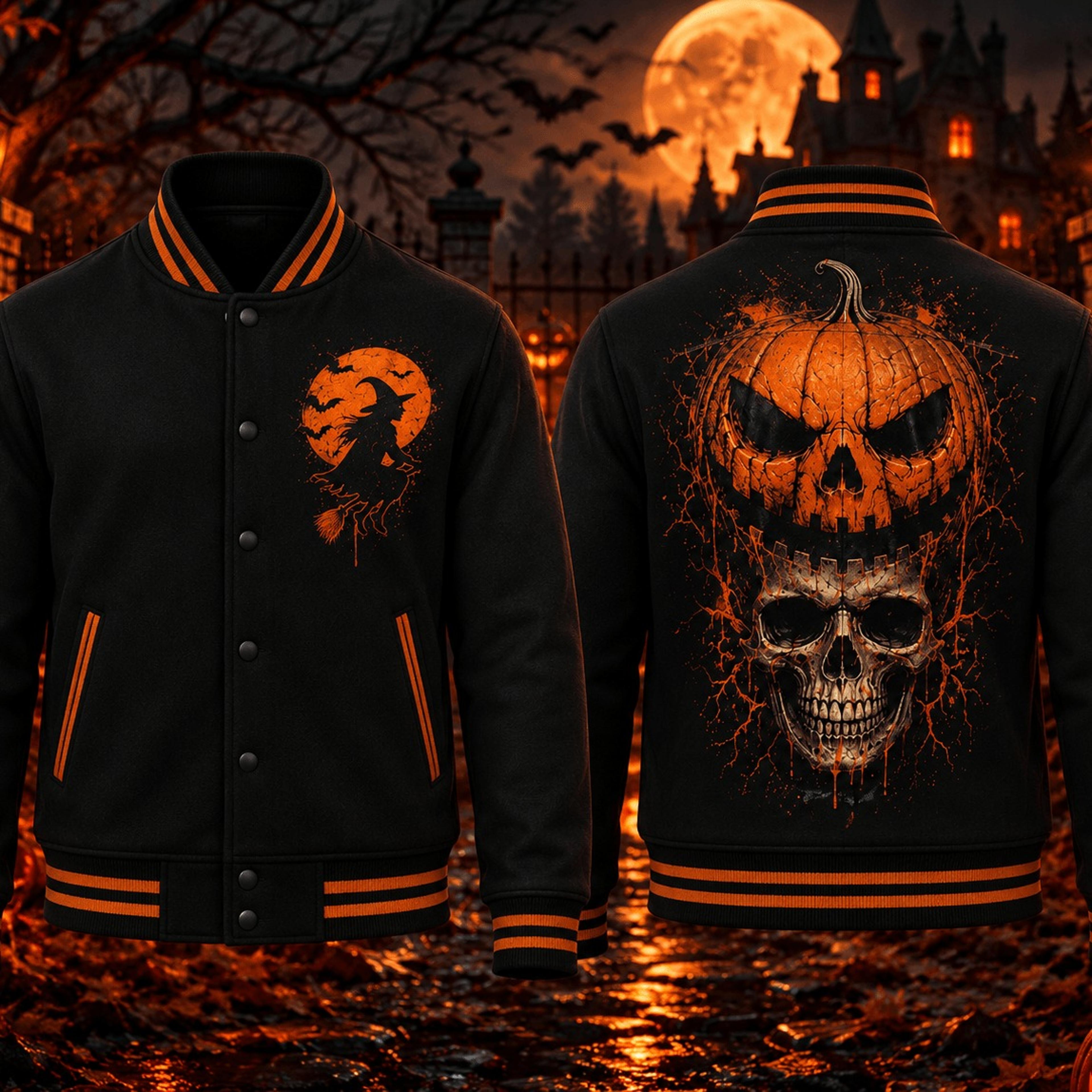 halloween pumpkin skull unisex varsity jacket, witch moon gothic horror jacket, spooky jack o lantern streetwear