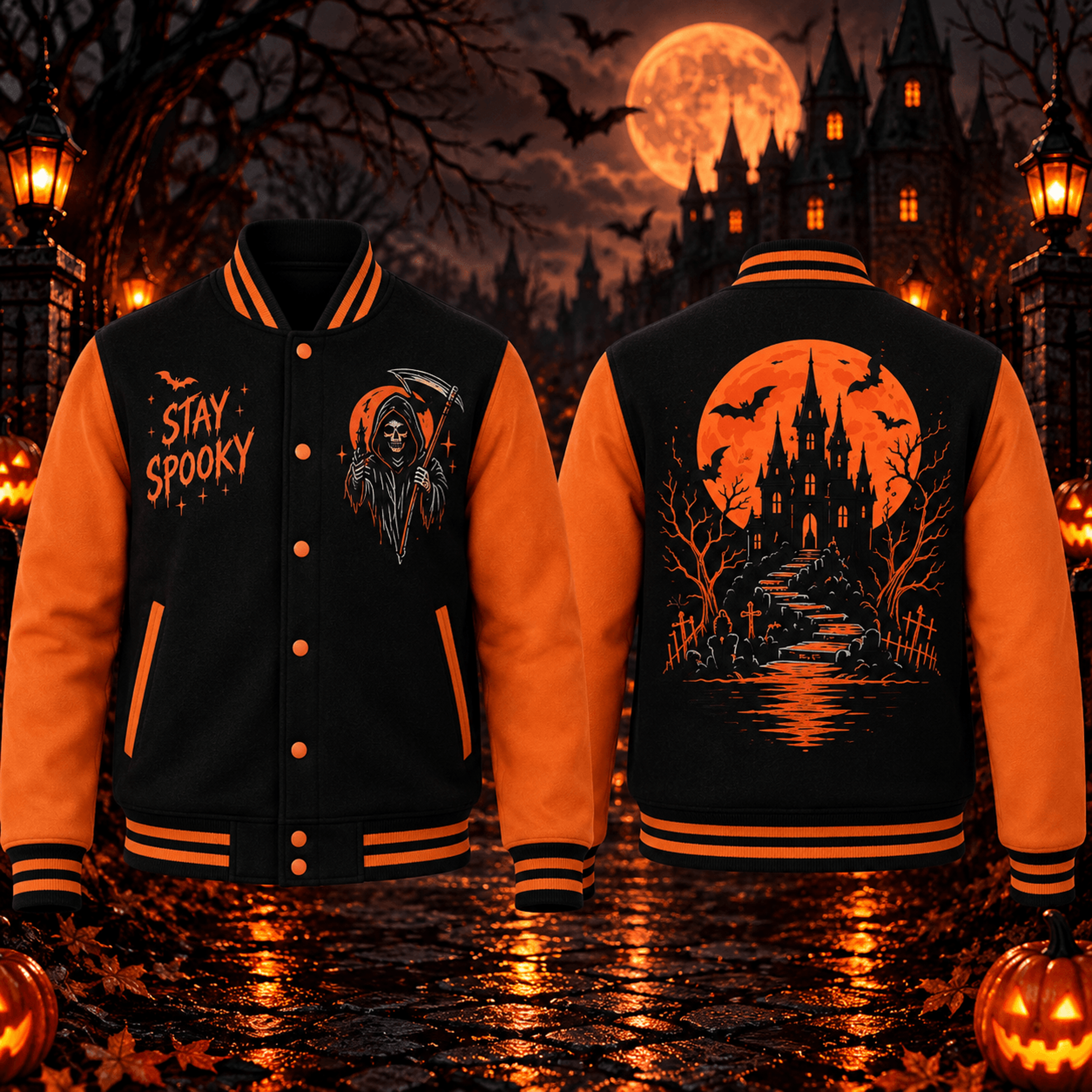 halloween stay spooky unisex varsity jacket, grim reaper haunted castle horror jacket, gothic halloween streetwear