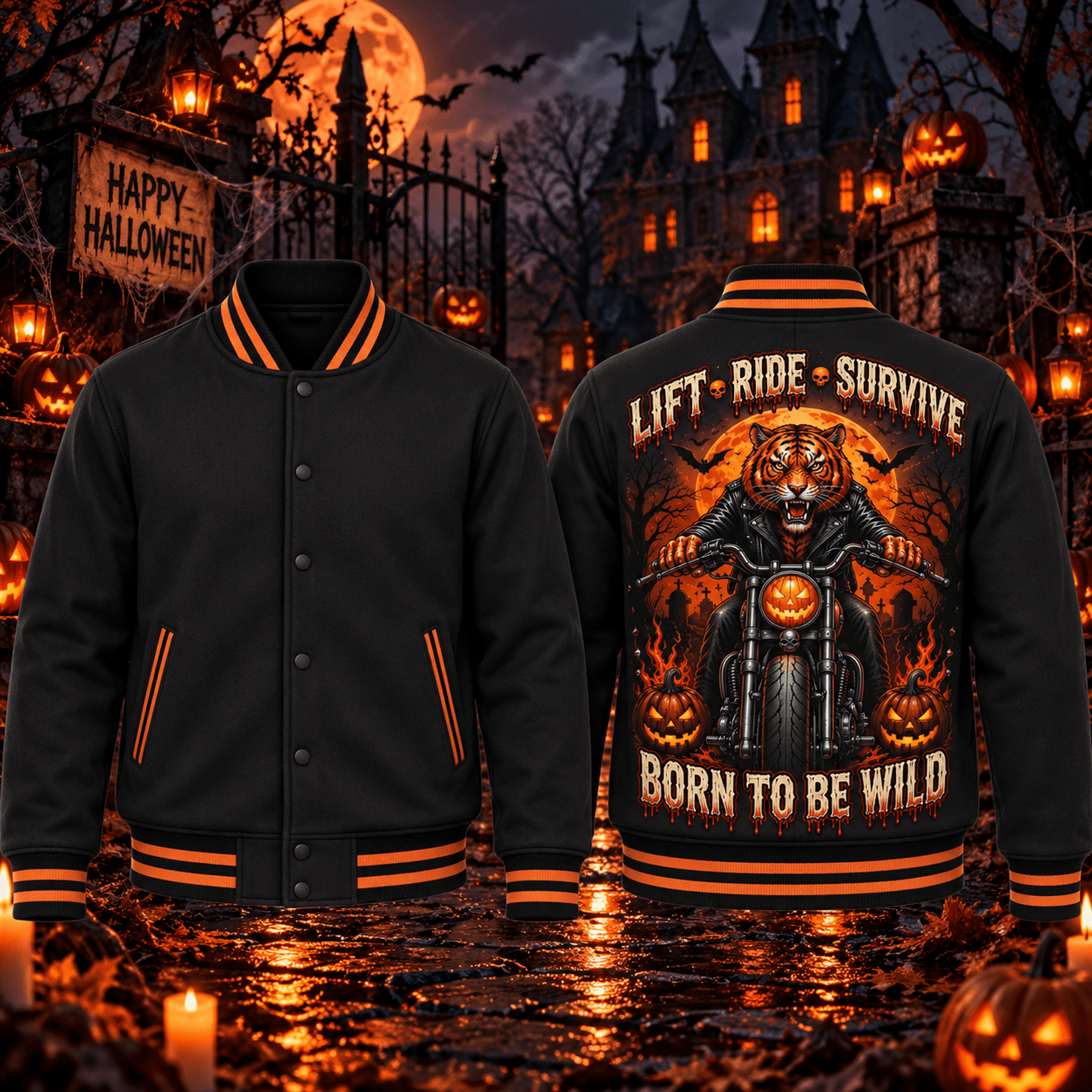 halloween tiger biker unisex varsity jacket, born to be wild motorcycle horror jacket, spooky halloween streetwear