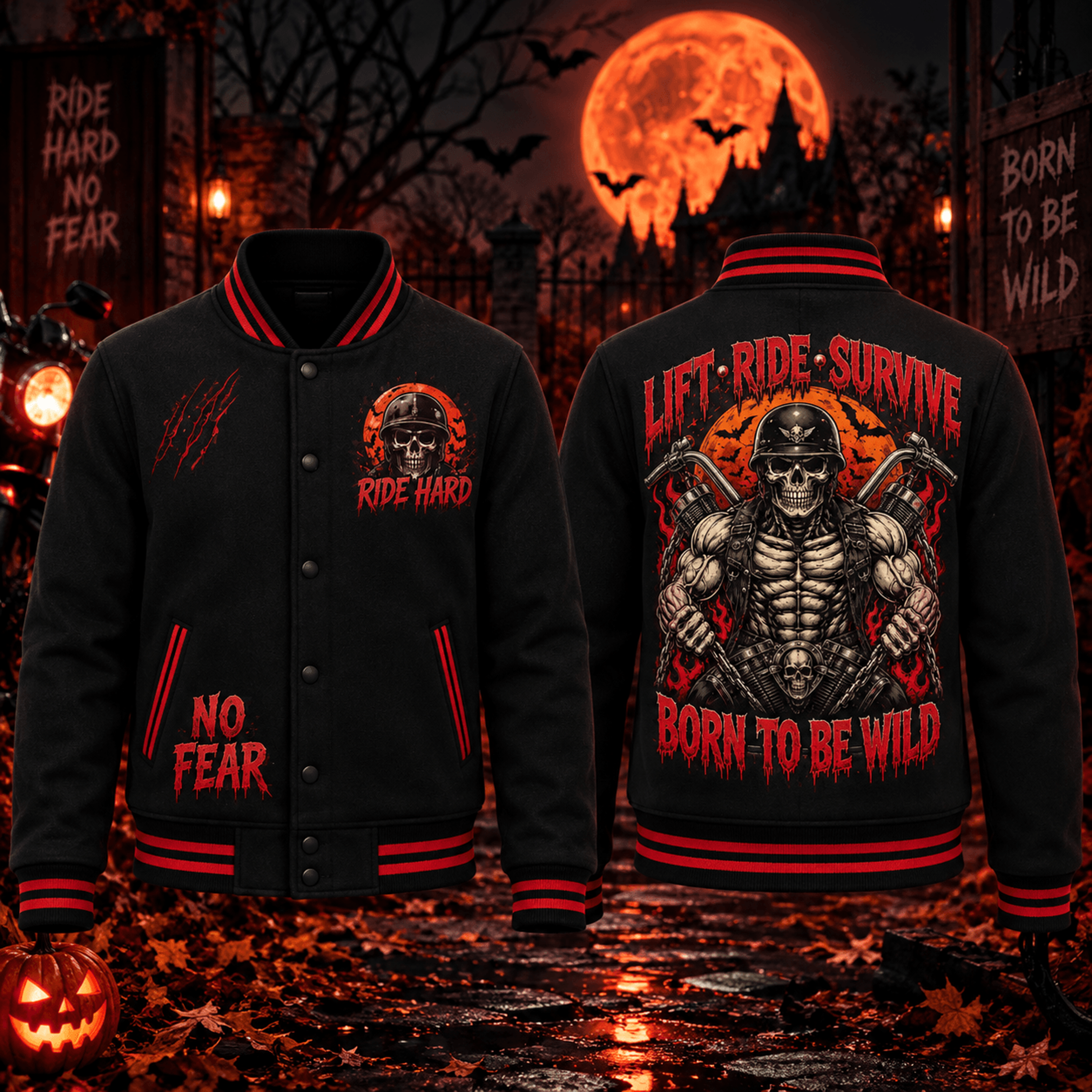 halloween skull biker unisex varsity jacket, born to be wild motorcycle horror jacket, gothic halloween streetwear