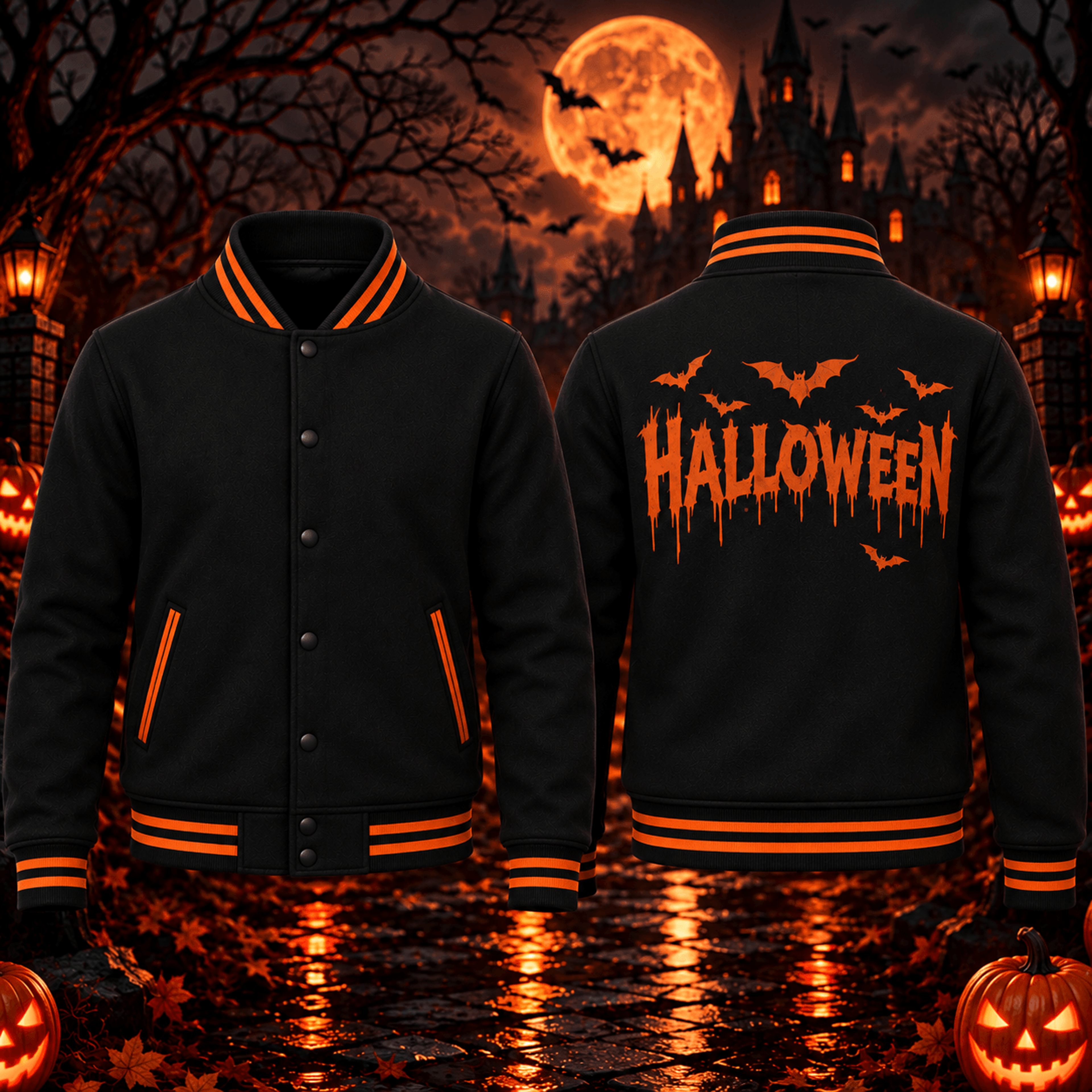 halloween bat unisex varsity jacket, orange spooky graphic jacket, gothic horror halloween streetwear for adults