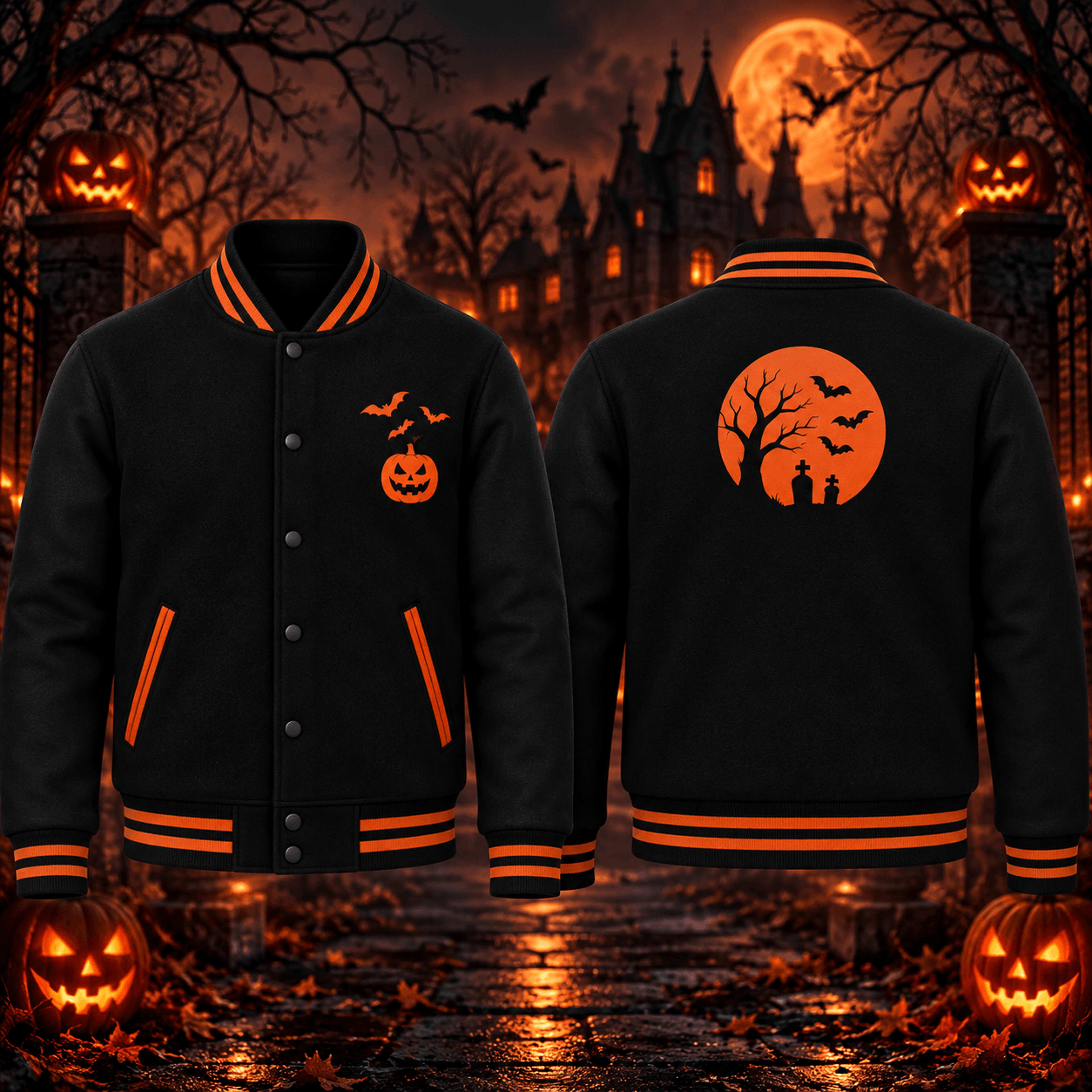 halloween pumpkin unisex varsity jacket, spooky graveyard bat jacket, orange moon gothic halloween streetwear