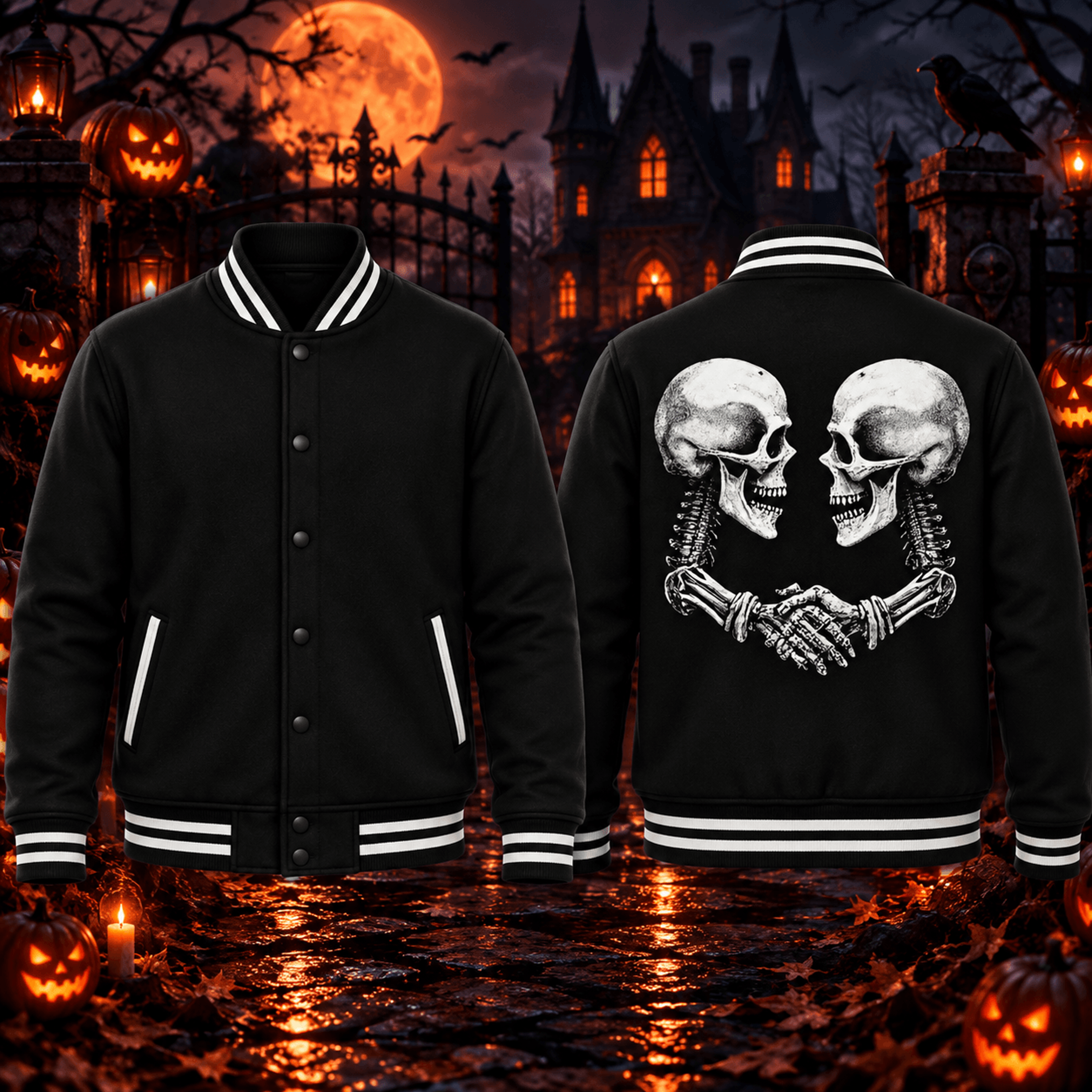 halloween skeleton handshake unisex varsity jacket, gothic skull back print, spooky horror skeleton halloween jacket