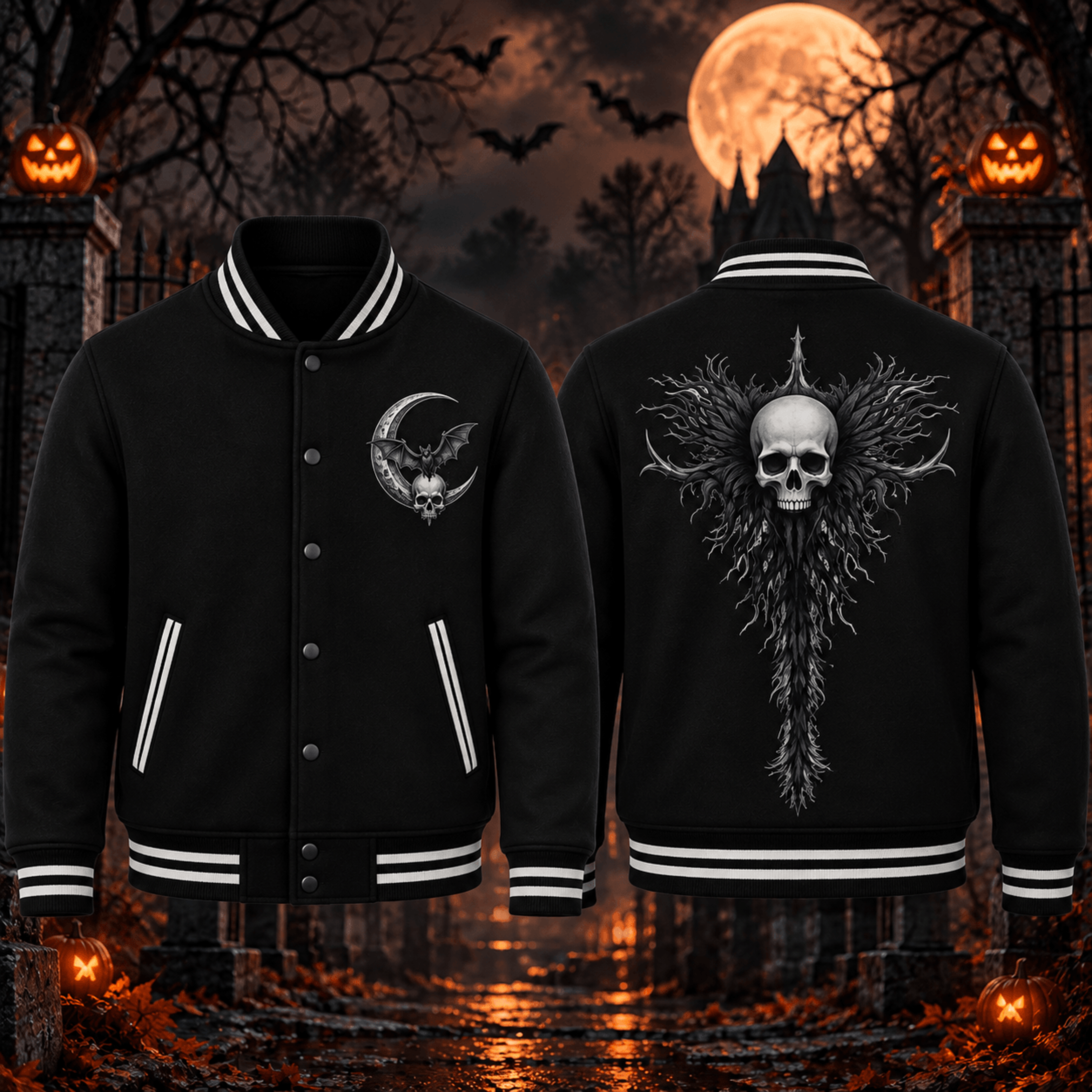 halloween gothic skull moon unisex varsity jacket, dark bat skull back print, spooky horror halloween jacket