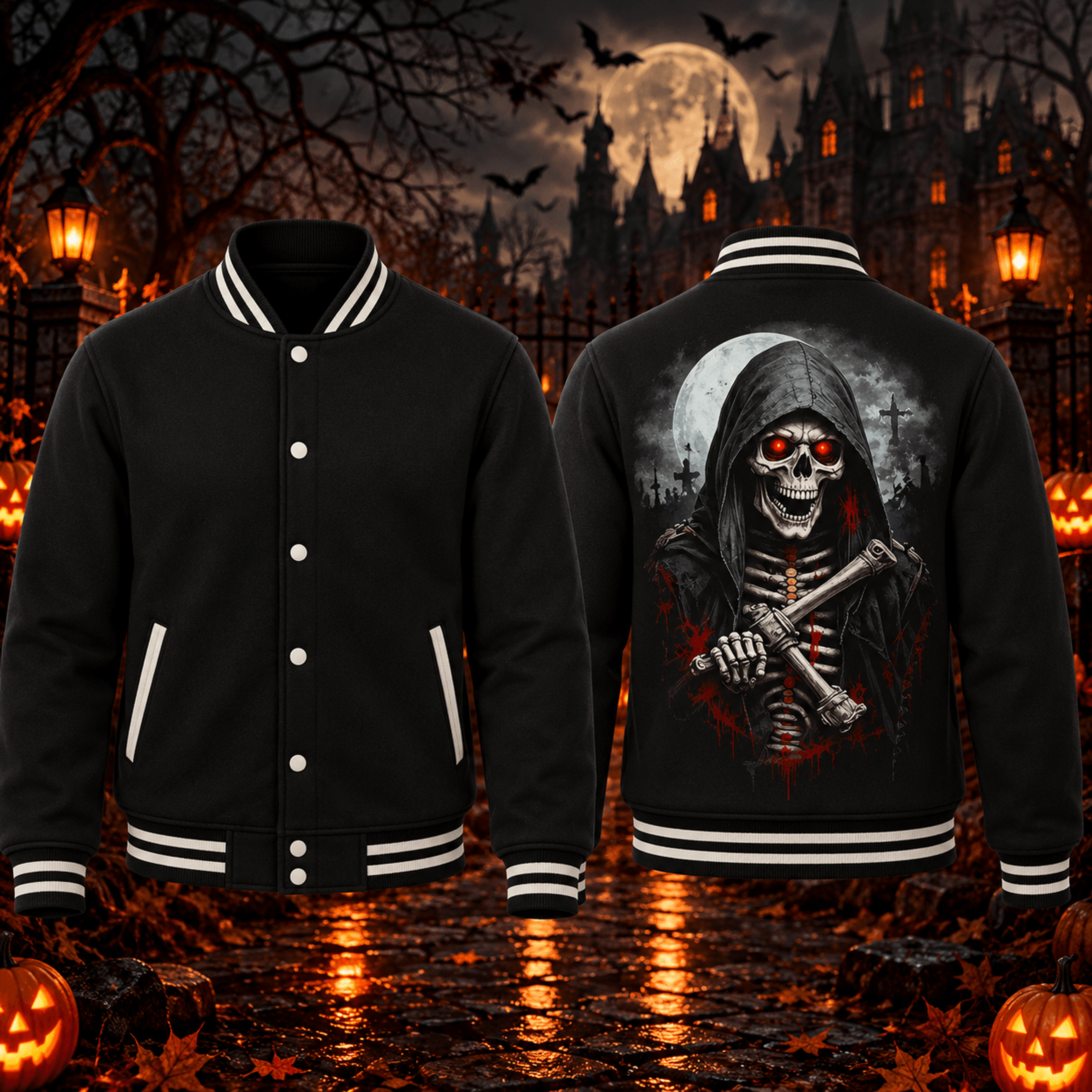 halloween grim reaper skull unisex varsity jacket, red eye skeleton horror back print, gothic spooky jacket