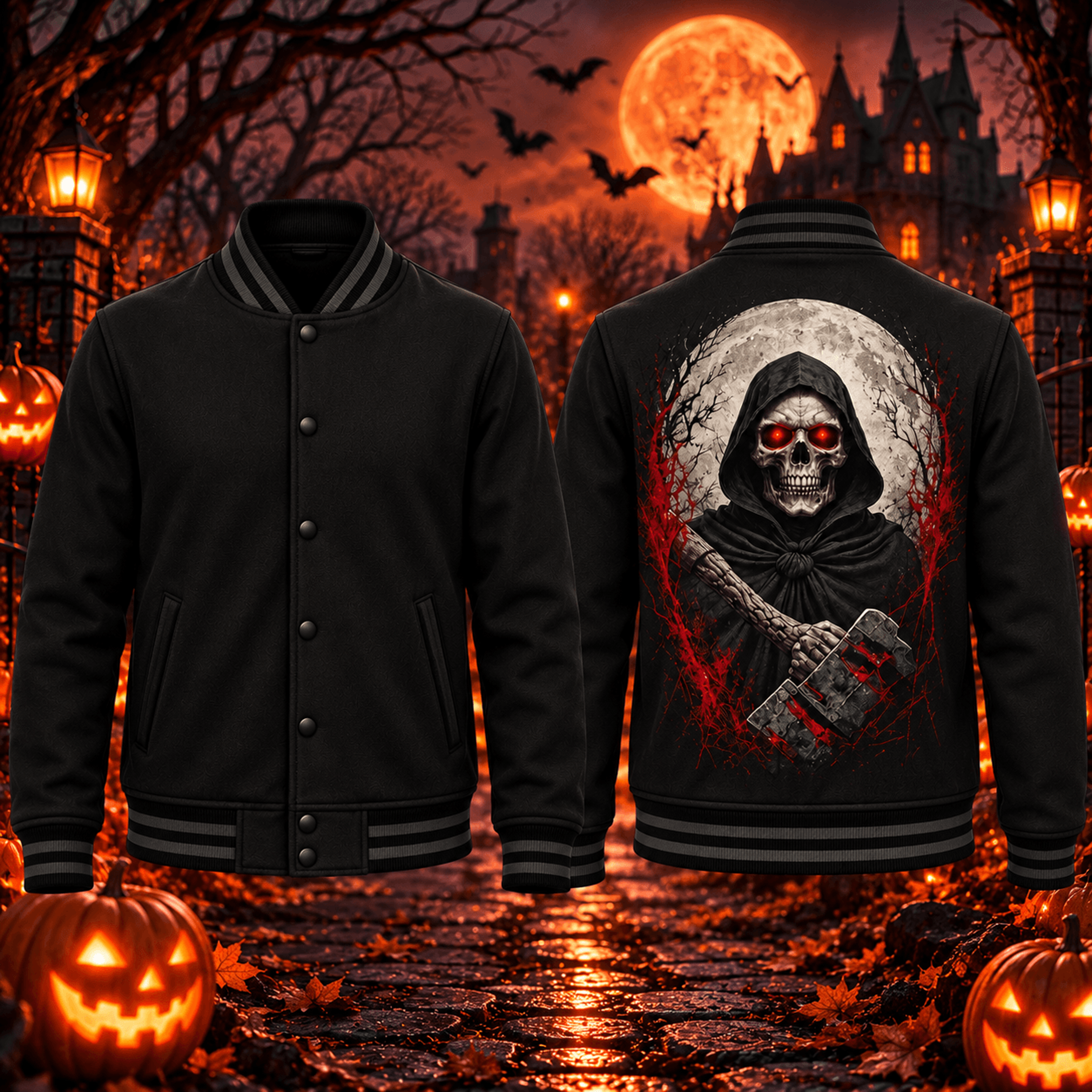 halloween grim reaper vest, unisex skull horror varsity vest, red eye reaper back print, gothic sleeveless jacket