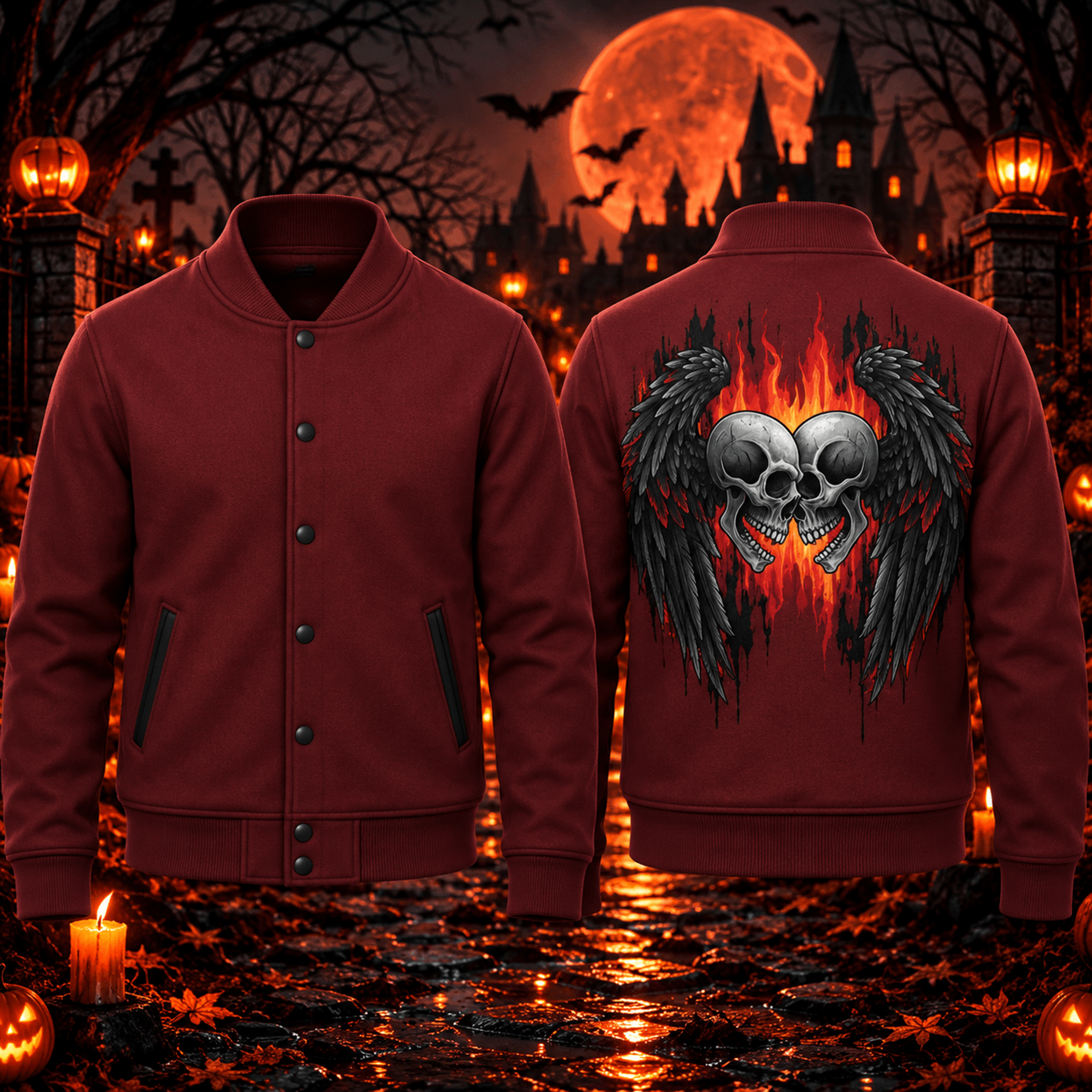 halloween flaming skull unisex varsity jacket, gothic winged skeleton horror printed adult jacket, spooky streetwear