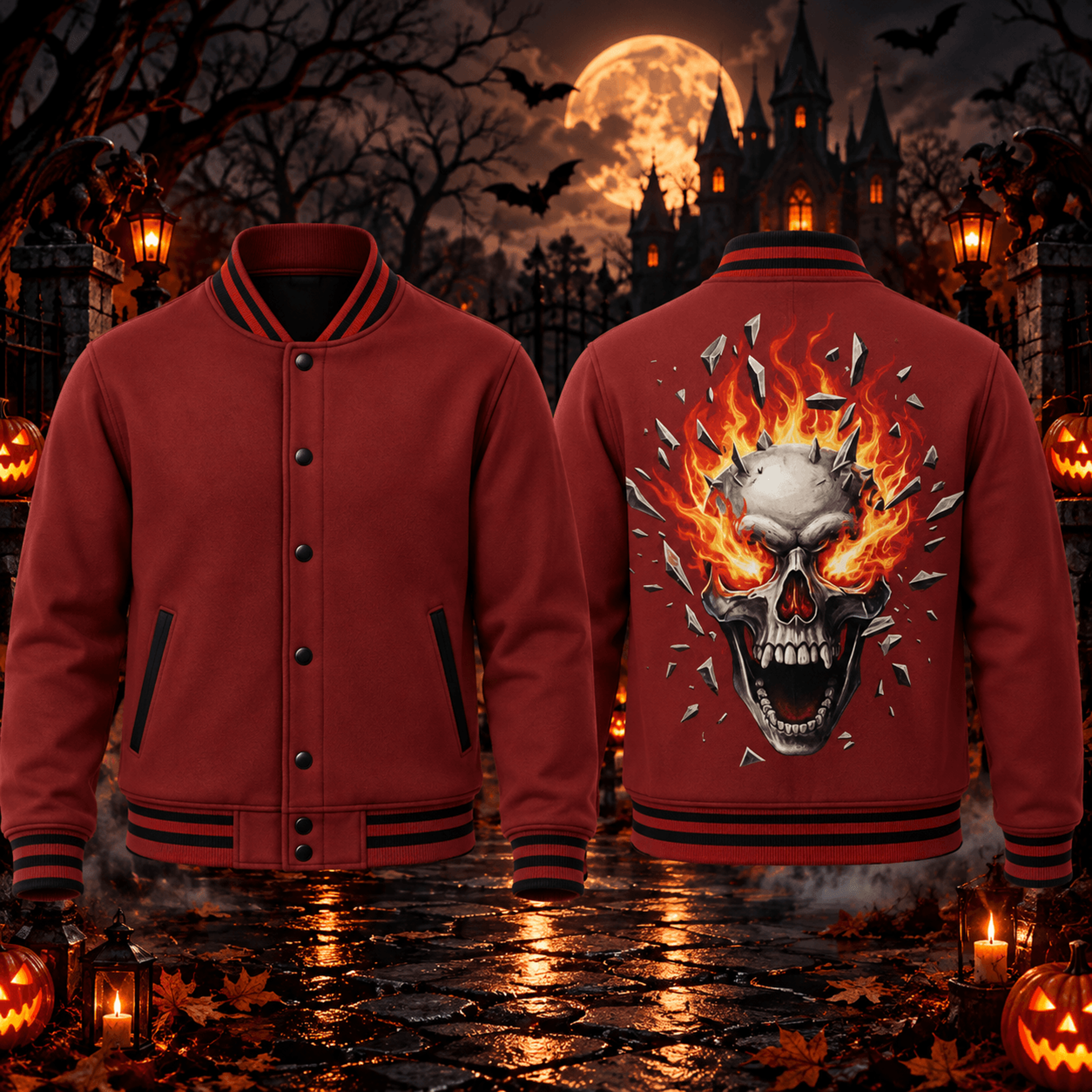 halloween flaming skull unisex varsity jacket, fire skeleton horror printed adult jacket, gothic spooky streetwear