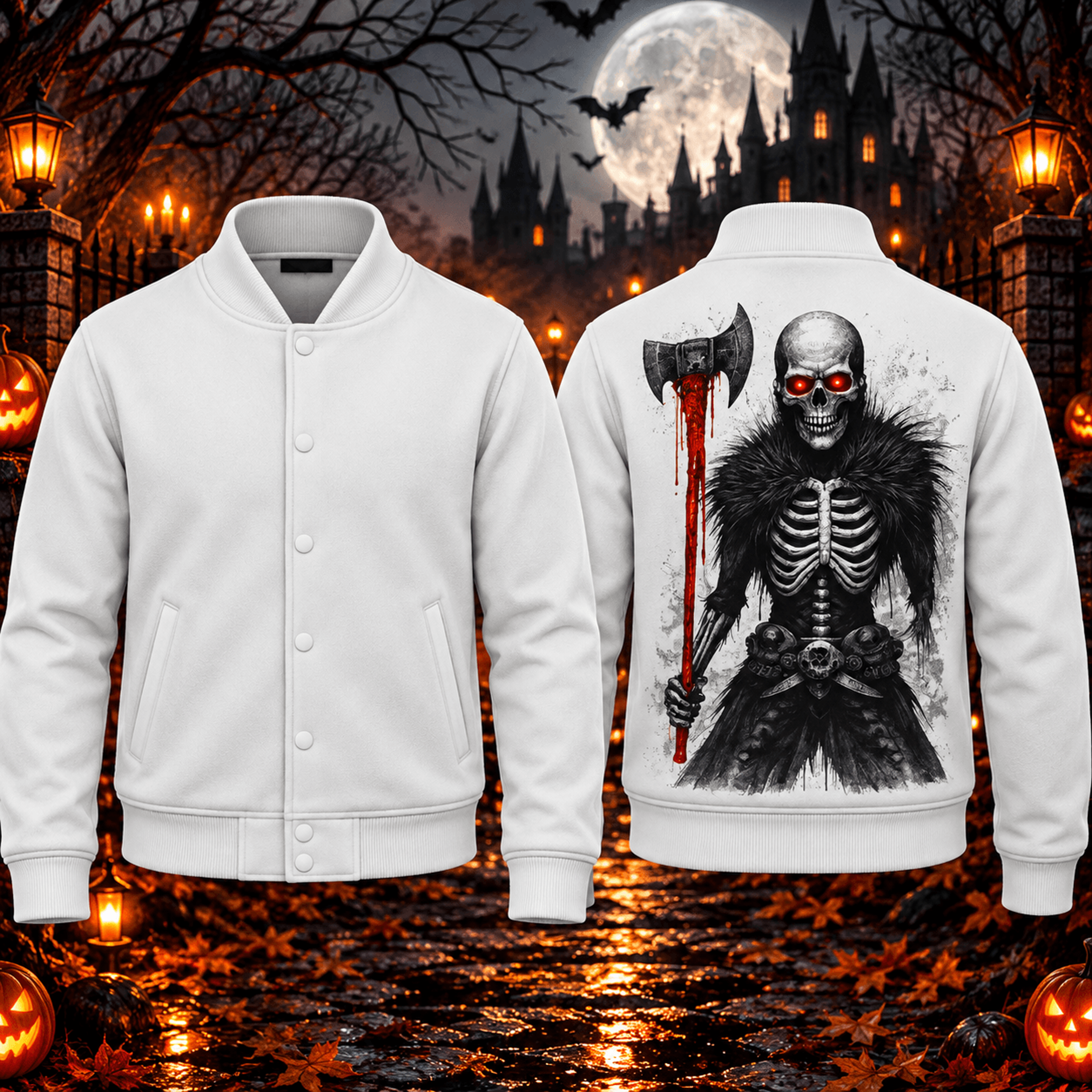 halloween skeleton warrior unisex varsity jacket, gothic skull axe horror printed adult jacket, spooky costume gift