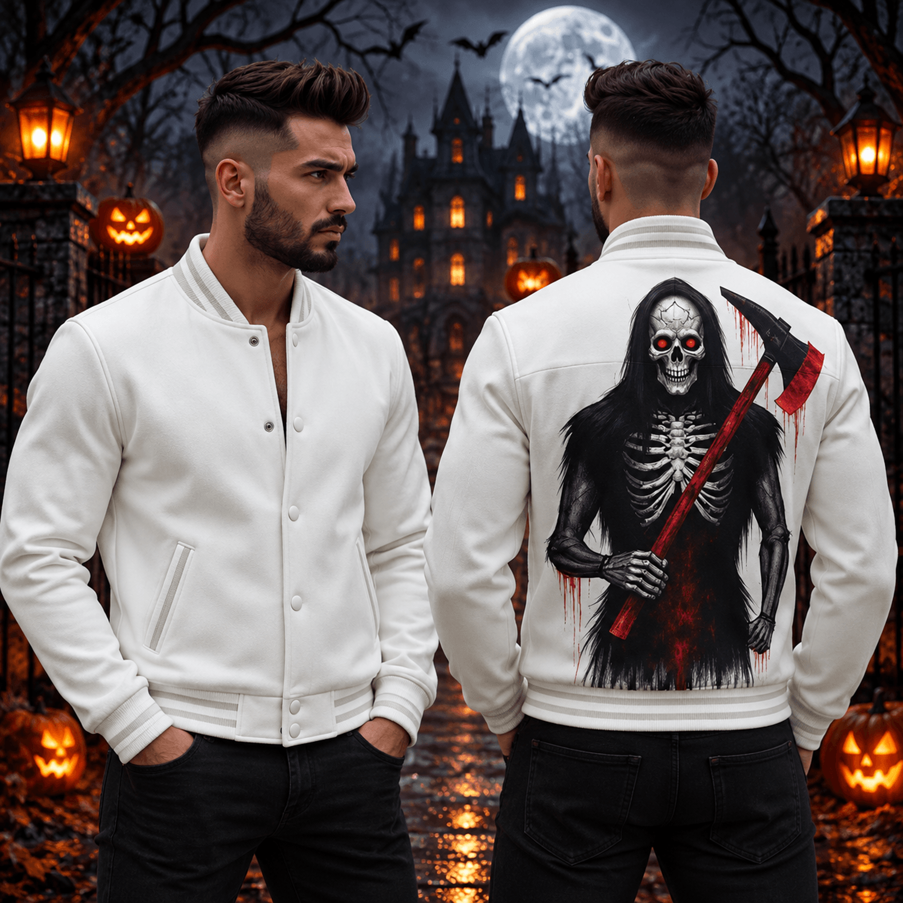 halloween grim reaper unisex varsity jacket, skeleton axe horror printed adult jacket, gothic skull spooky gift